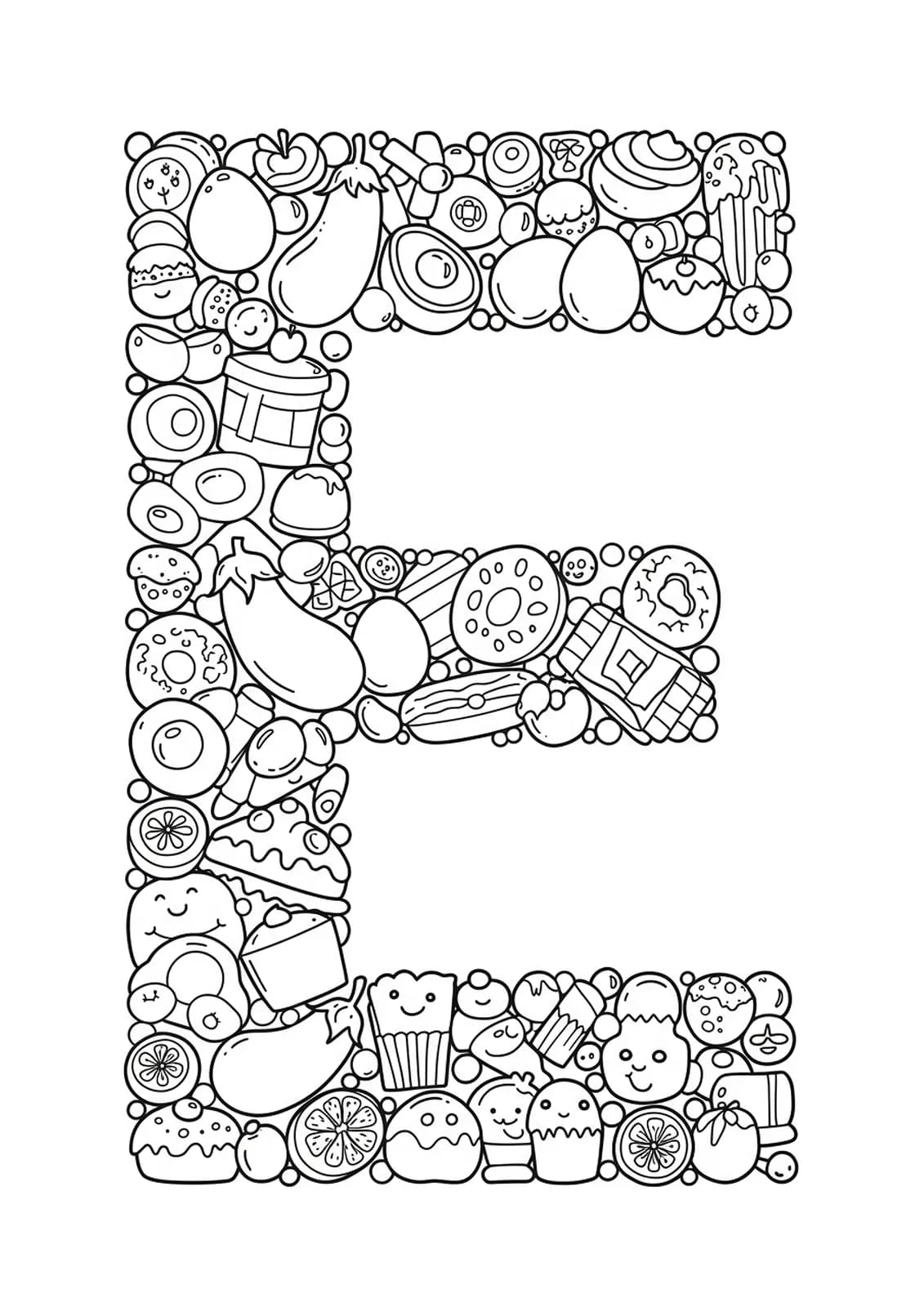 Coloring page of the letter E surrounded by foods like eggs, eggplant, and eclairs for elementary children.