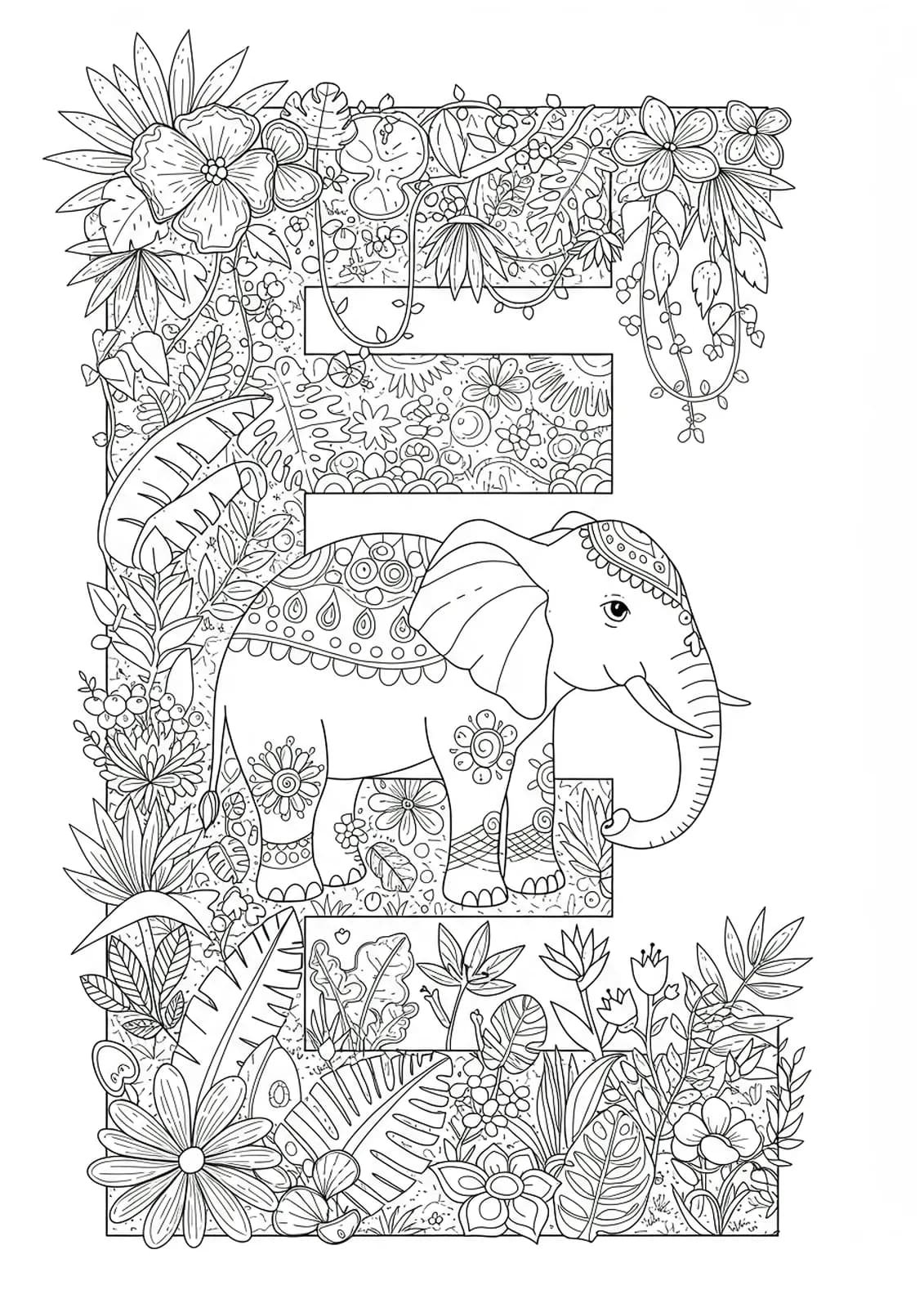 Detailed line art of a large letter E with an elephant and jungle plants, hard preschool coloring page