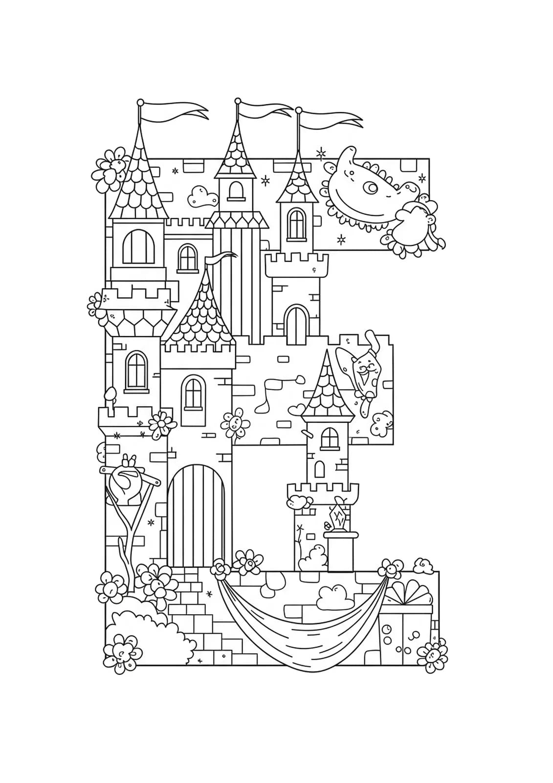 Printable coloring page with an enchanted castle and the letter E for elementary fantasy lovers.