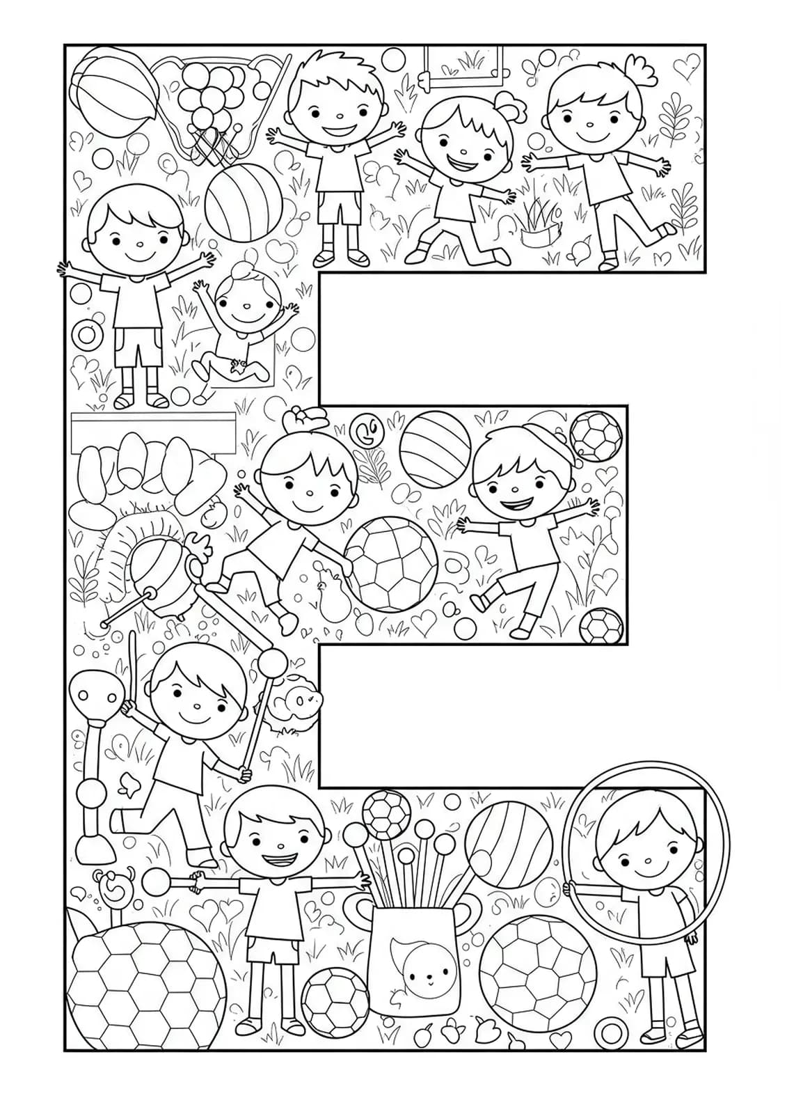 Complex line art of the letter E with children doing exercises and gym equipment, hard preschool coloring page