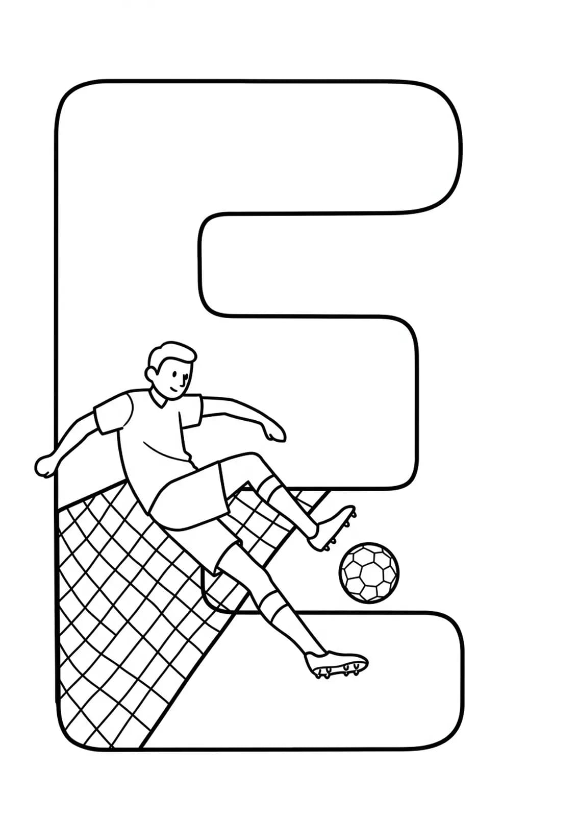 Letter E coloring page featuring a soccer player kicking a ball into a net, for elementary kids.