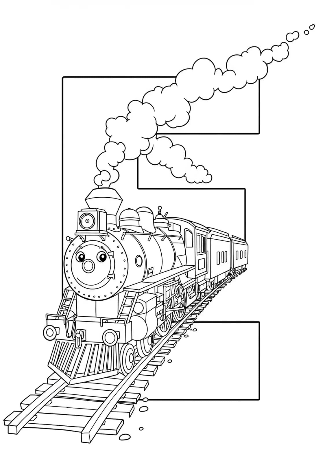 Printable coloring page of a train engine and letter E, with fun vehicle details for elementary kids.