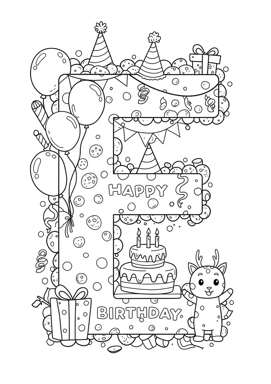 Printable coloring page of balloons, cake, party hats, and the letter E for elementary birthday celebrations.