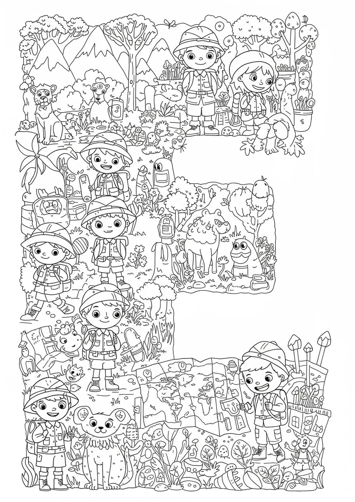 Intricate line art of the letter E with children explorers, hats, backpacks, maps, and natural scenery