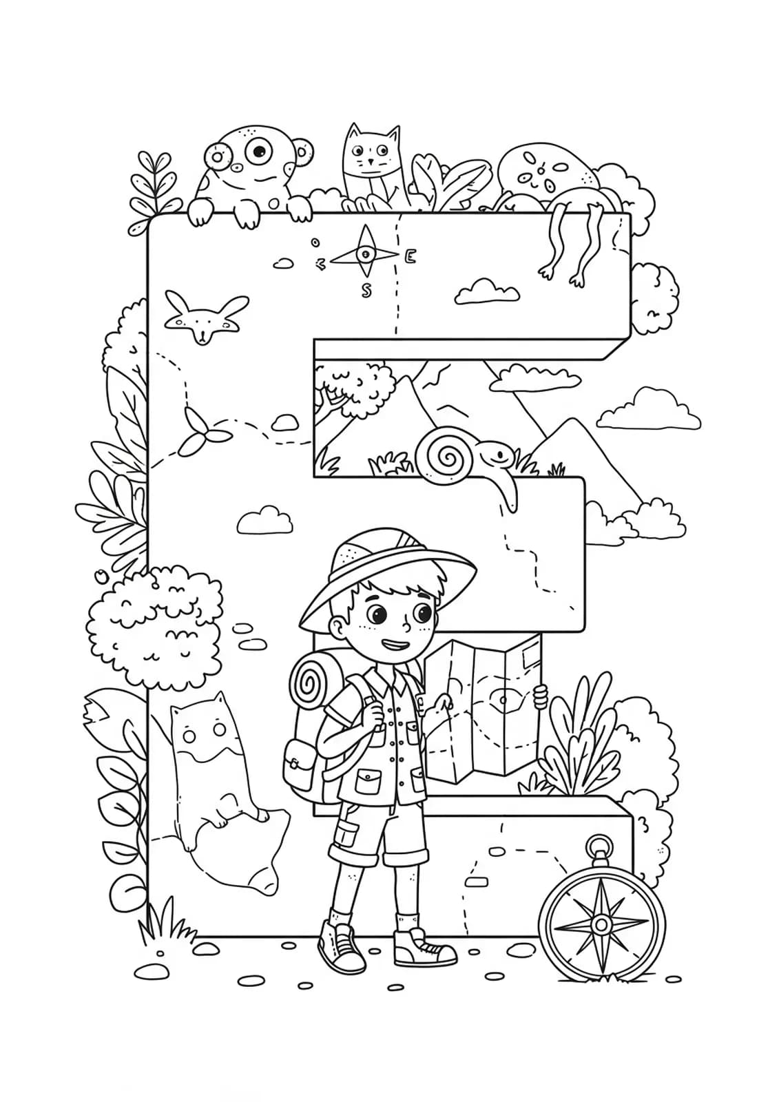 Letter E coloring page with a young explorer, backpack, map, and compass for elementary children.