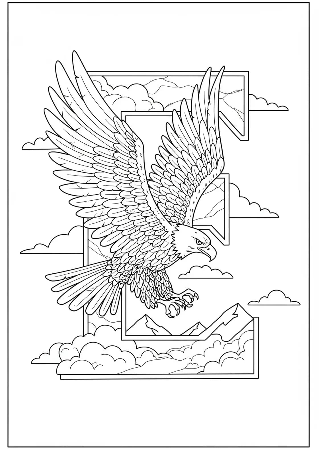 Letter E embellished with eagle wings, feathers, clouds, and detailed mountain landscapes beneath.