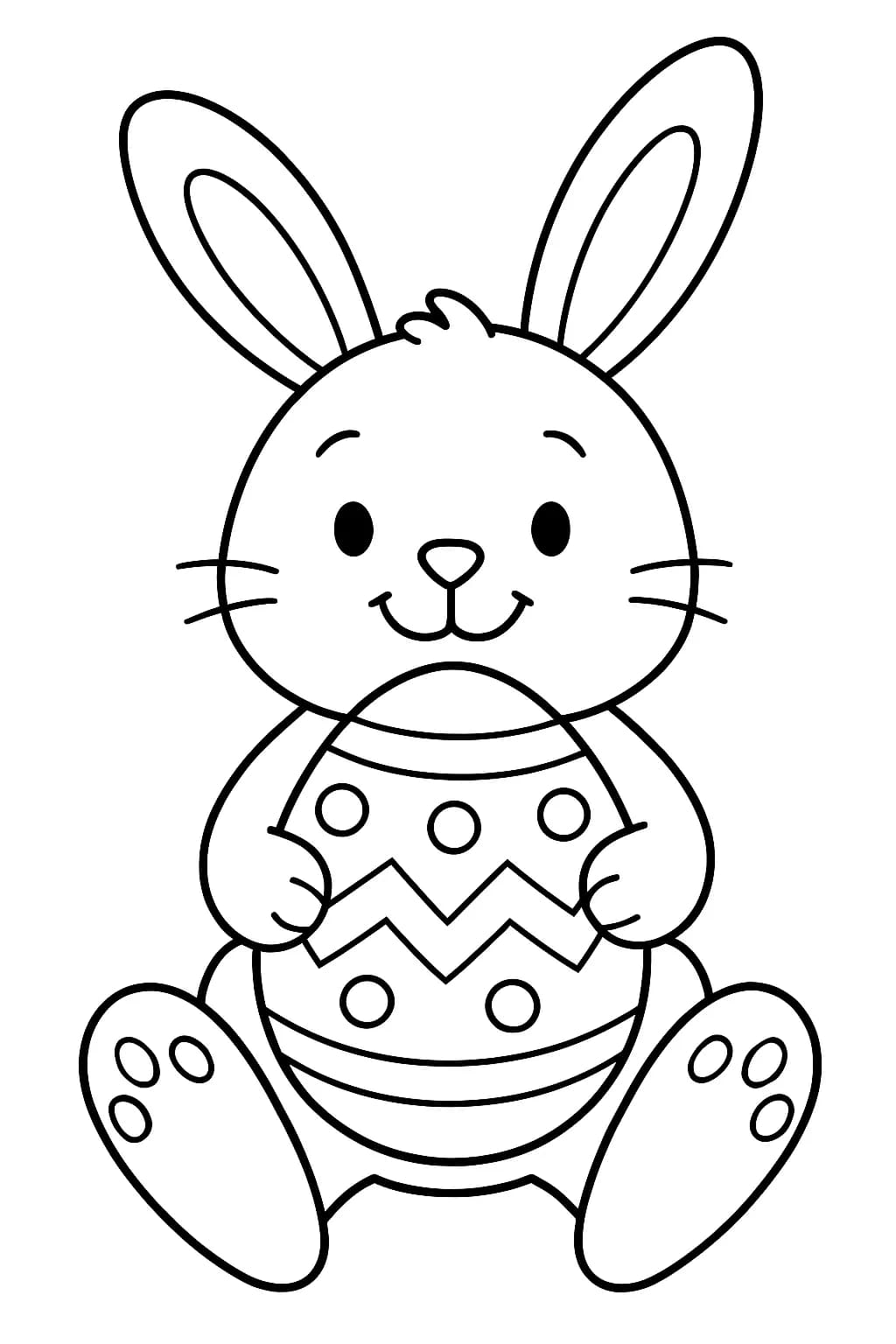Simple coloring page of an Easter bunny holding a large egg, designed for preschoolers.
