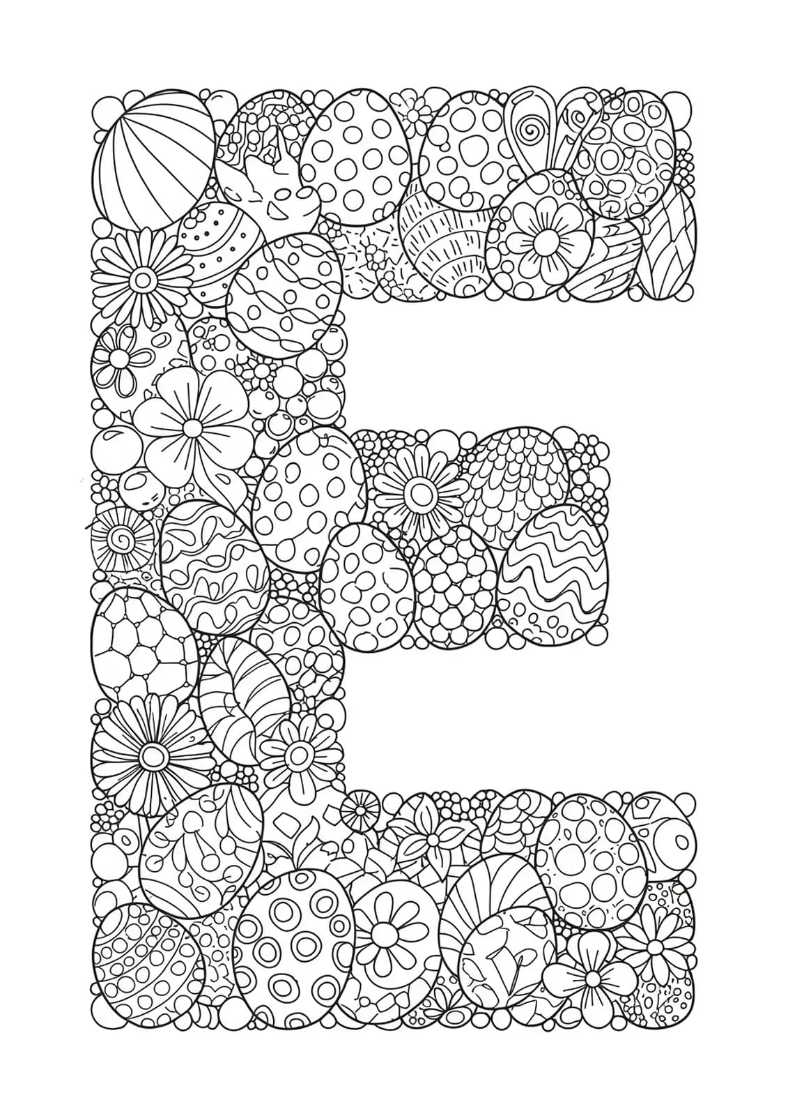 Detailed letter E surrounded by intricately patterned Easter eggs, flowers, and festive spring decorations.