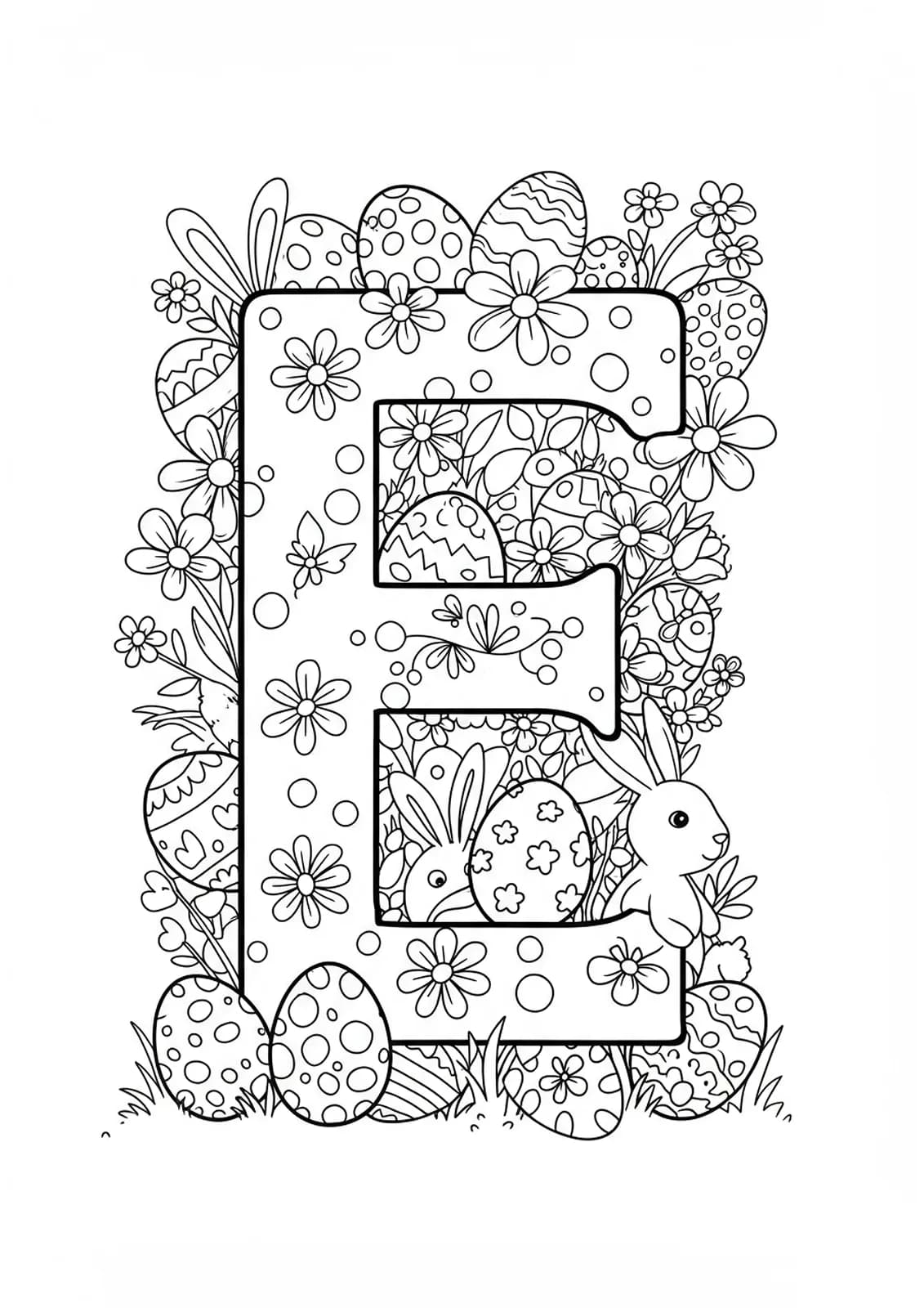 Medium detail coloring page with letter E, Easter eggs, bunnies, and spring flowers for kids.