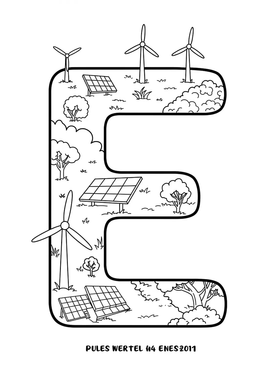 Easy coloring page with letter E, solar panels, and wind turbines