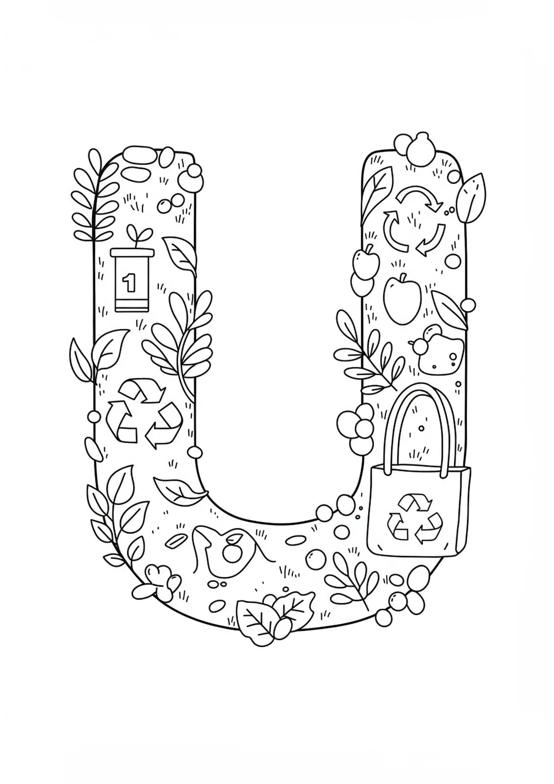 Letter U decorated with simple sustainability symbols like leaves and recycling arrows, easy to color.