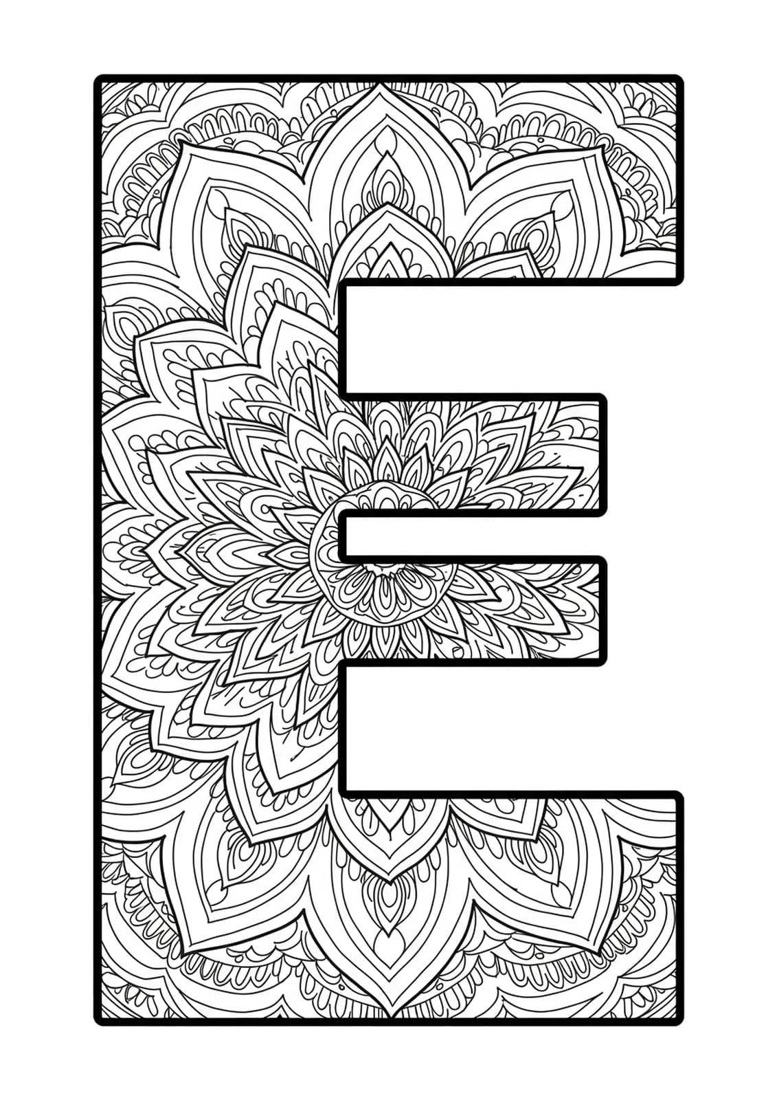 Mandala-themed letter E with intricate symmetrical patterns and geometric shapes in black and white line art.