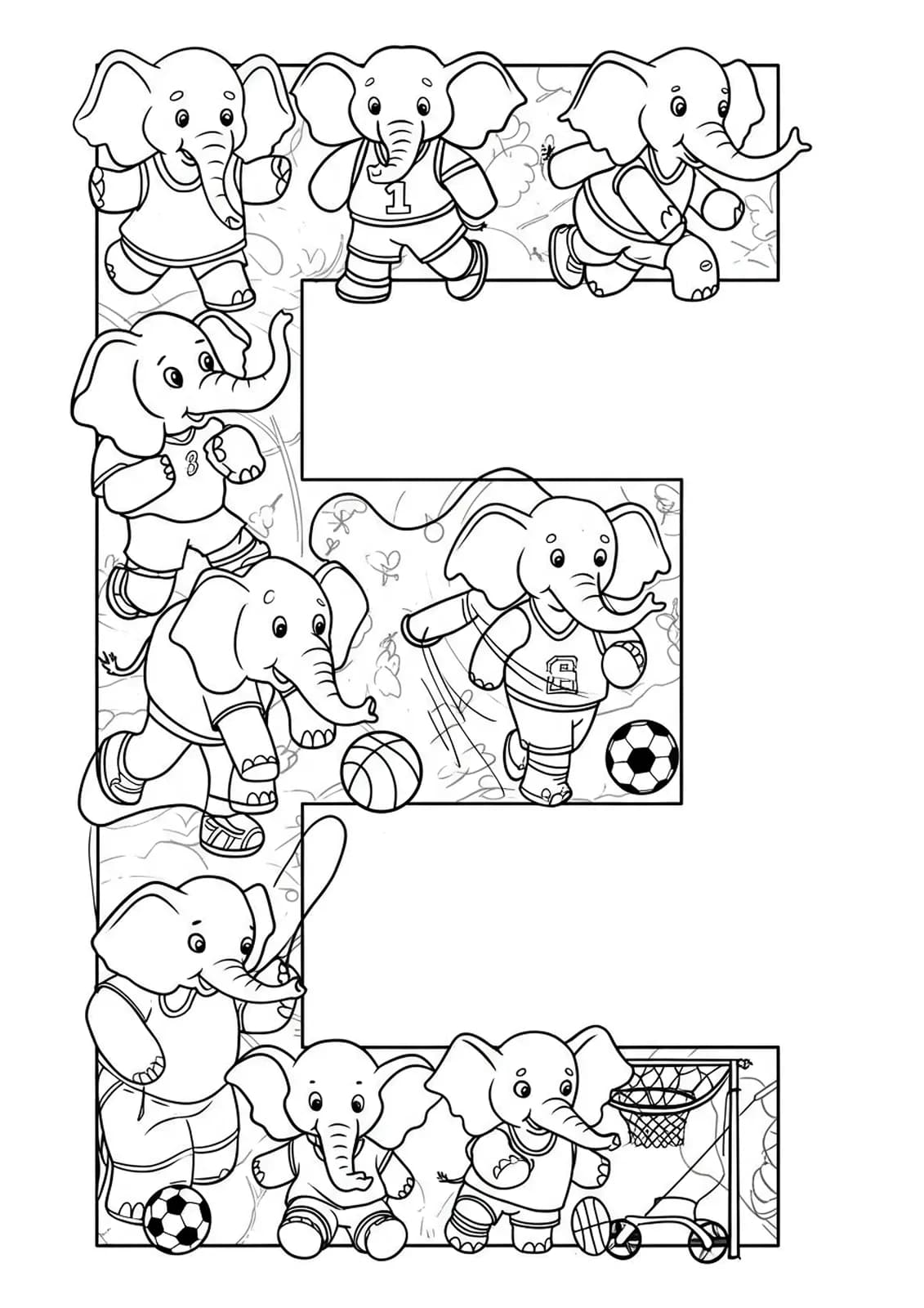 Complex letter E with elephants wearing sports gear, playing soccer, basketball, and jump rope, surrounded by detailed sports equipment.