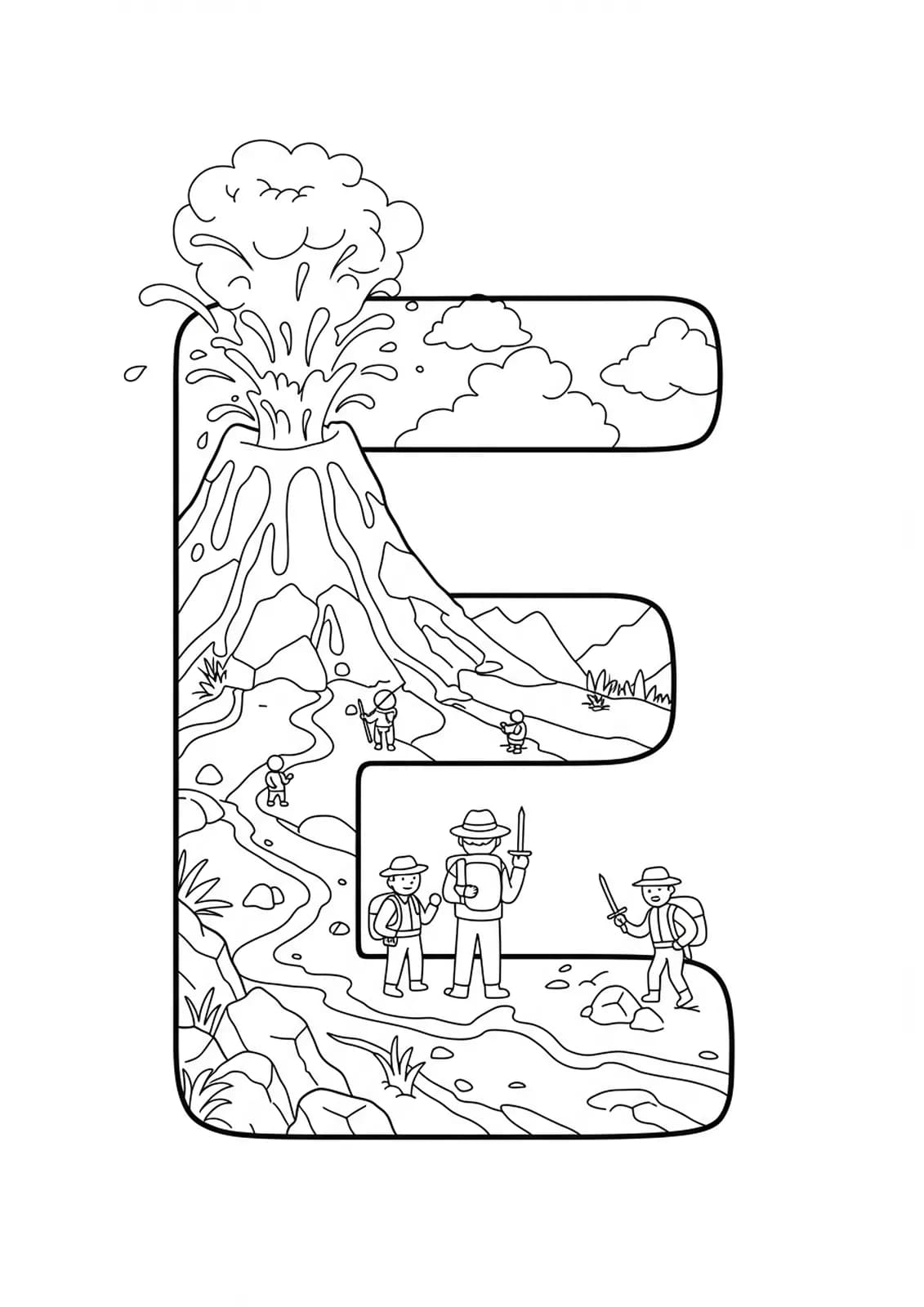 The letter E in front of an erupting volcano, with detailed lava, rocks, smoke, and small explorer figures.
