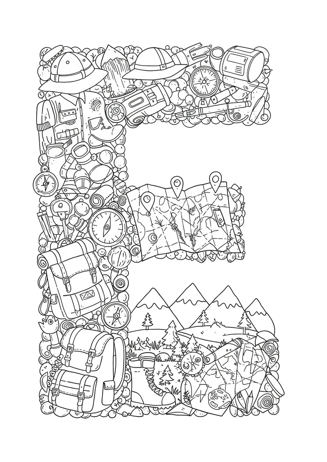 Letter E bordered with explorer equipment like maps, compasses, backpacks, and intricate nature landscapes.