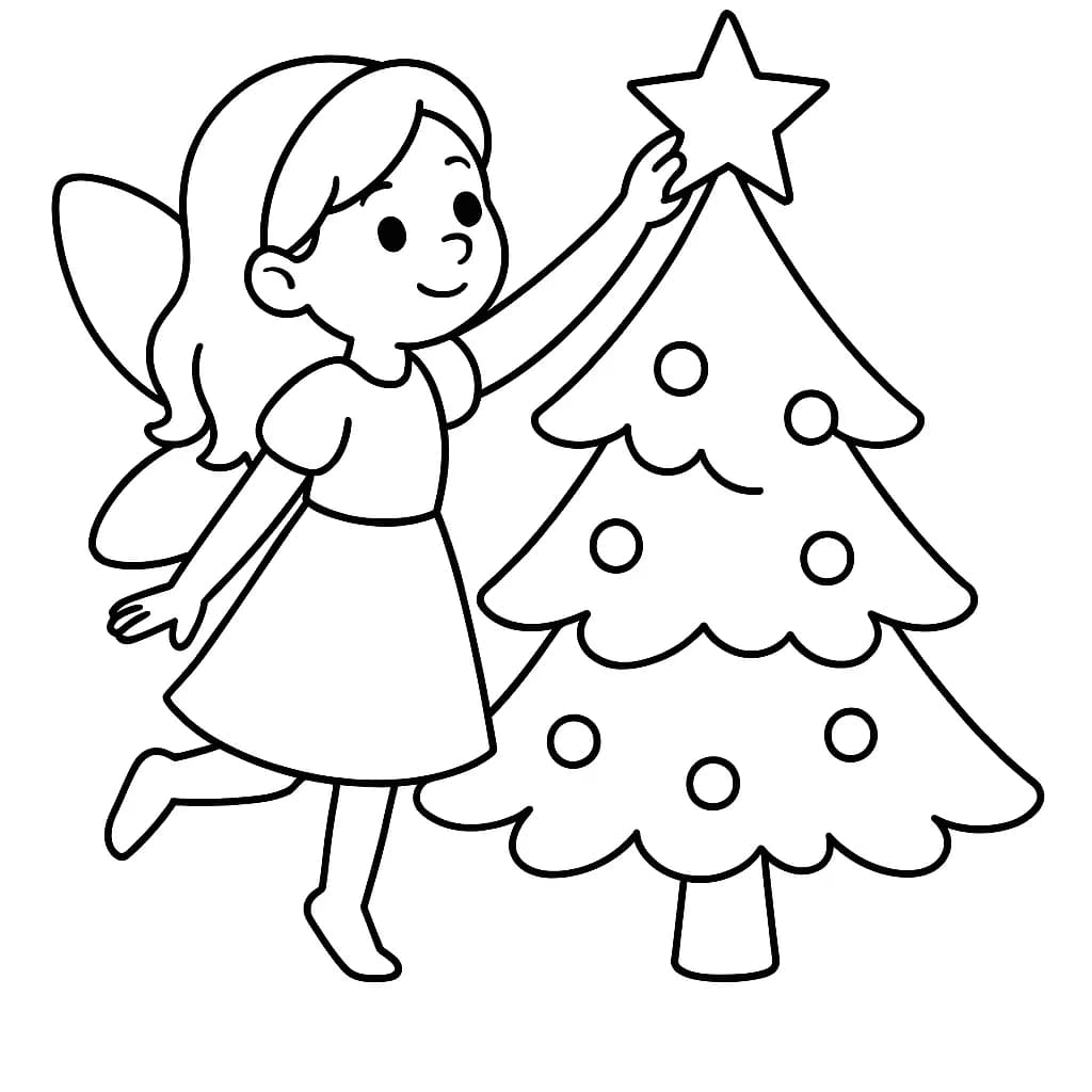 Simple coloring page of a fairy placing a star on a Christmas tree, large shapes and easy lines for preschool kids.