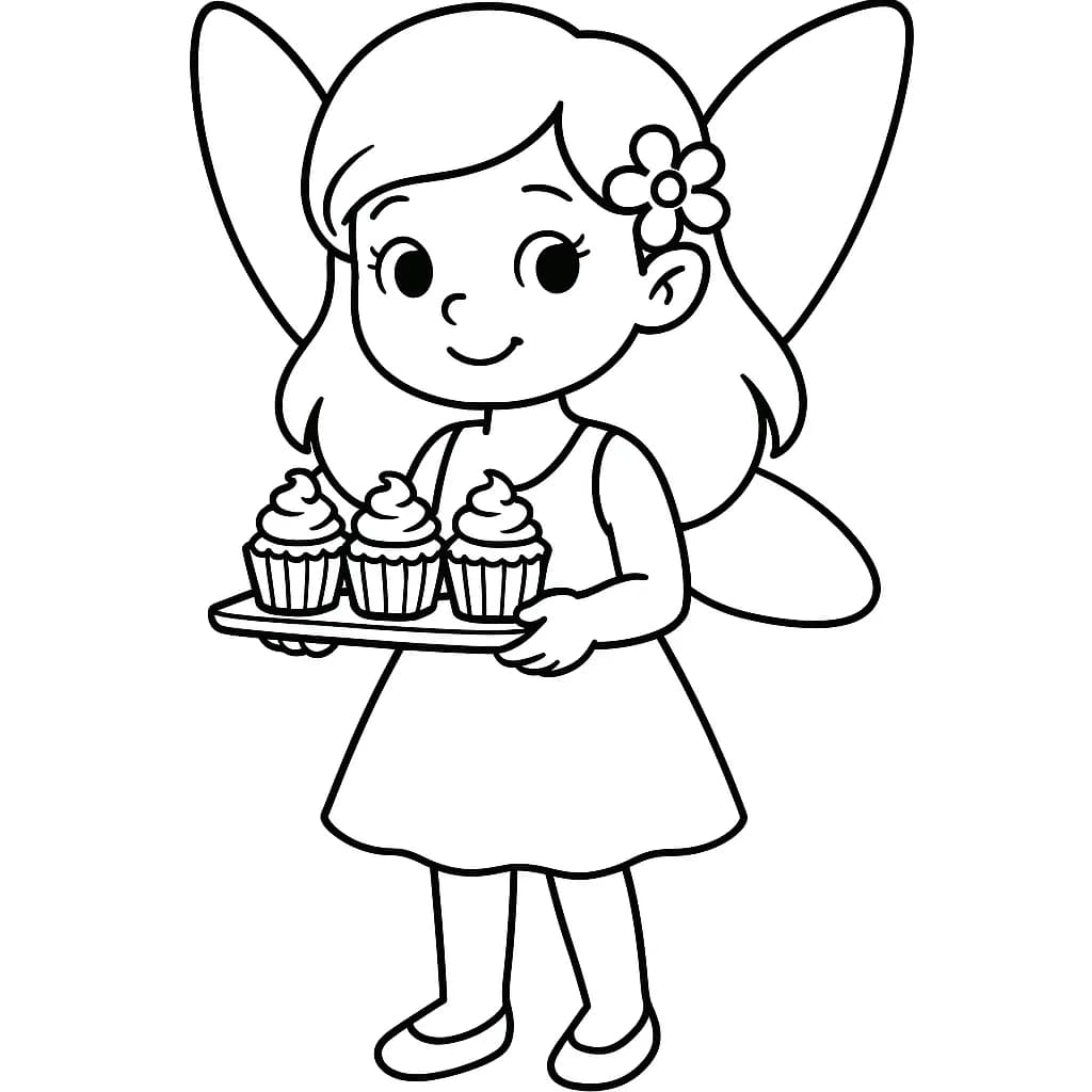 Simple coloring page showing a fairy holding a tray of cupcakes, easy for preschool children.