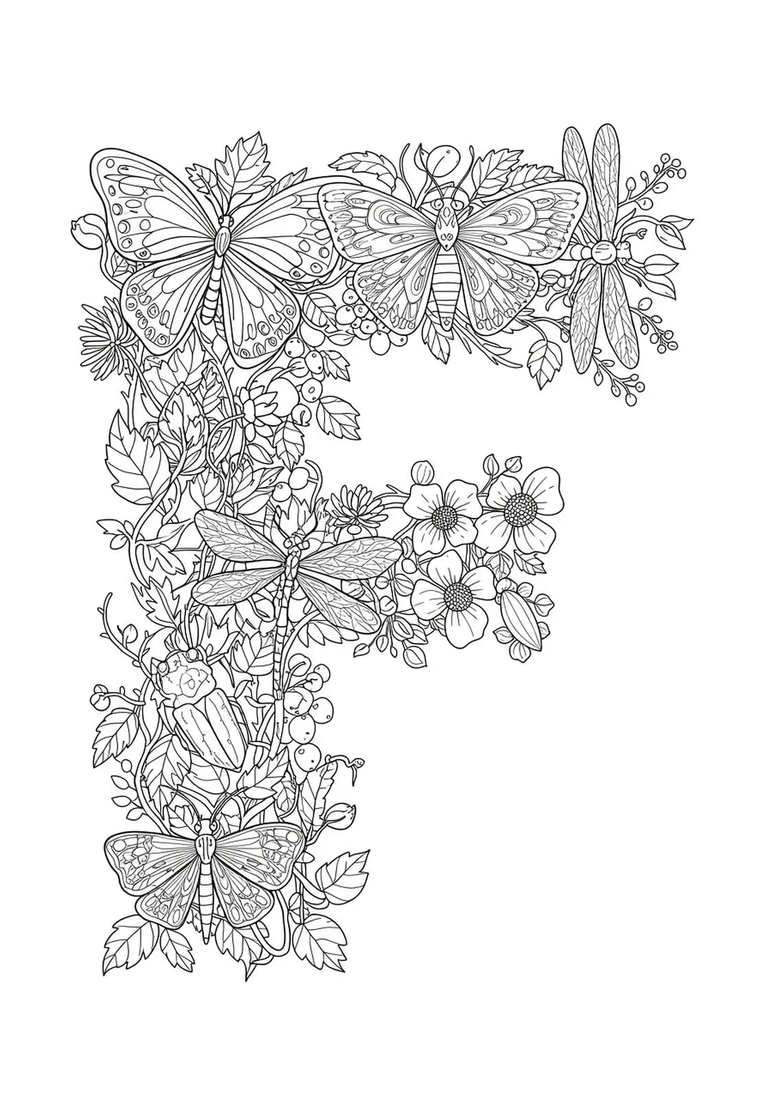 Letter F with detailed butterflies, beetles, and insect-inspired patterns.
