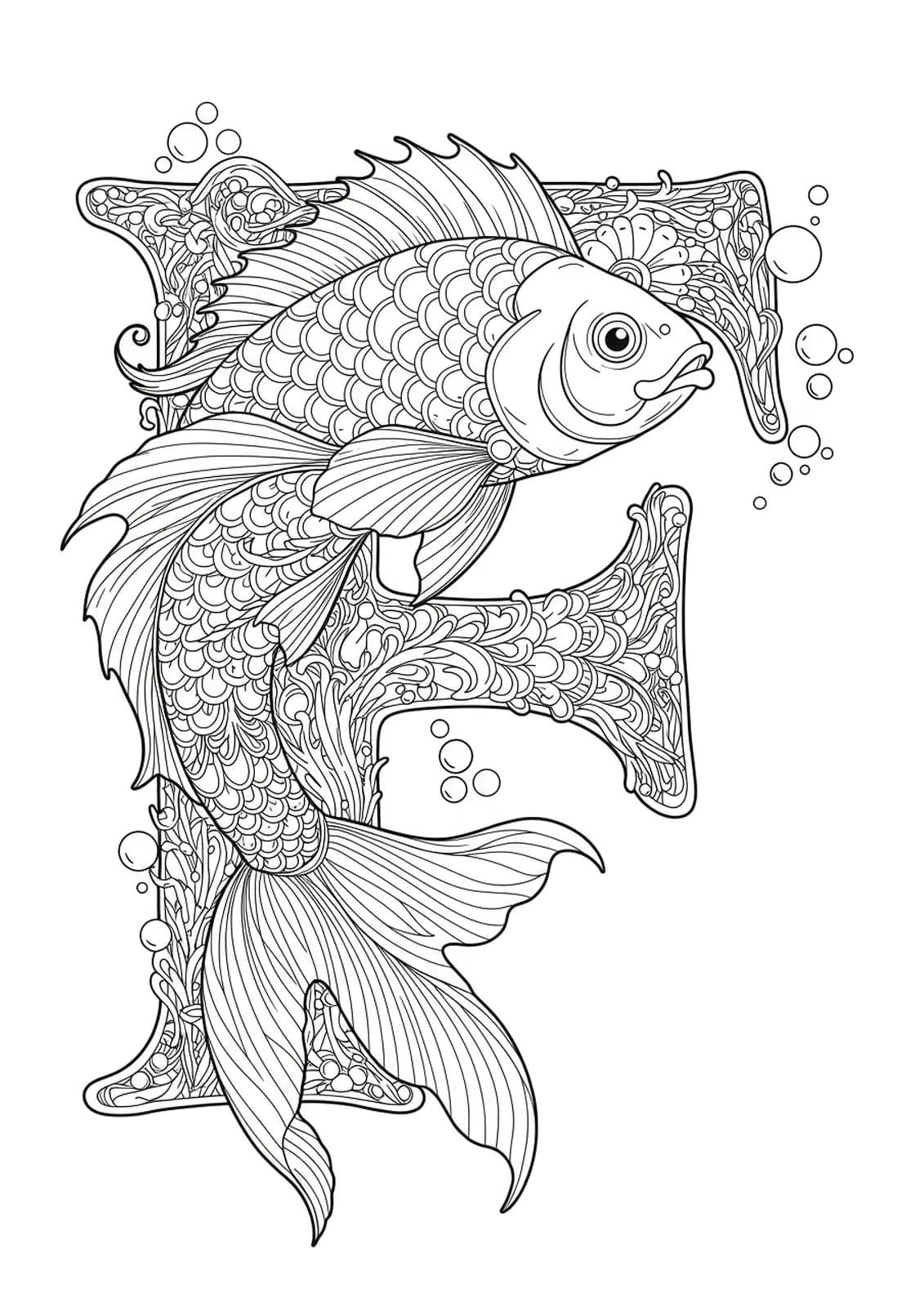 Letter F decorated with intricate fantasy fish and aquatic motifs.