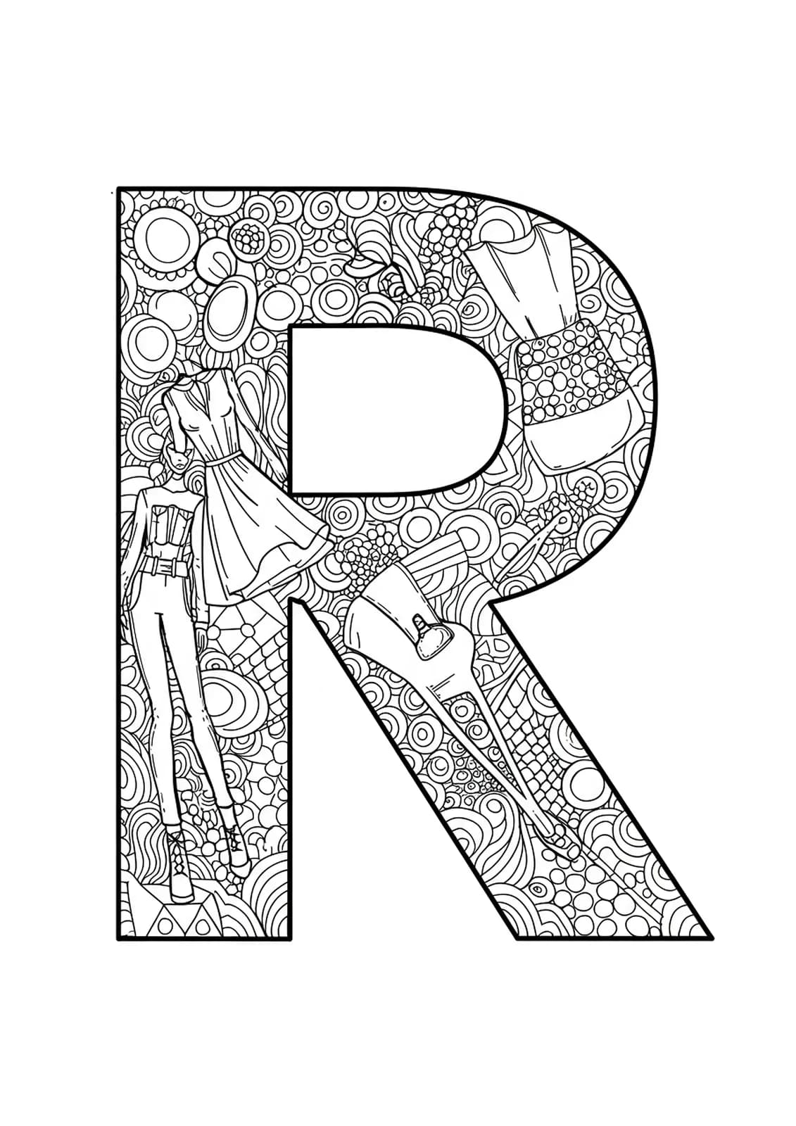 Letter R decorated with high-fashion patterns, runway lights, and clothing sketches for a hard coloring page.
