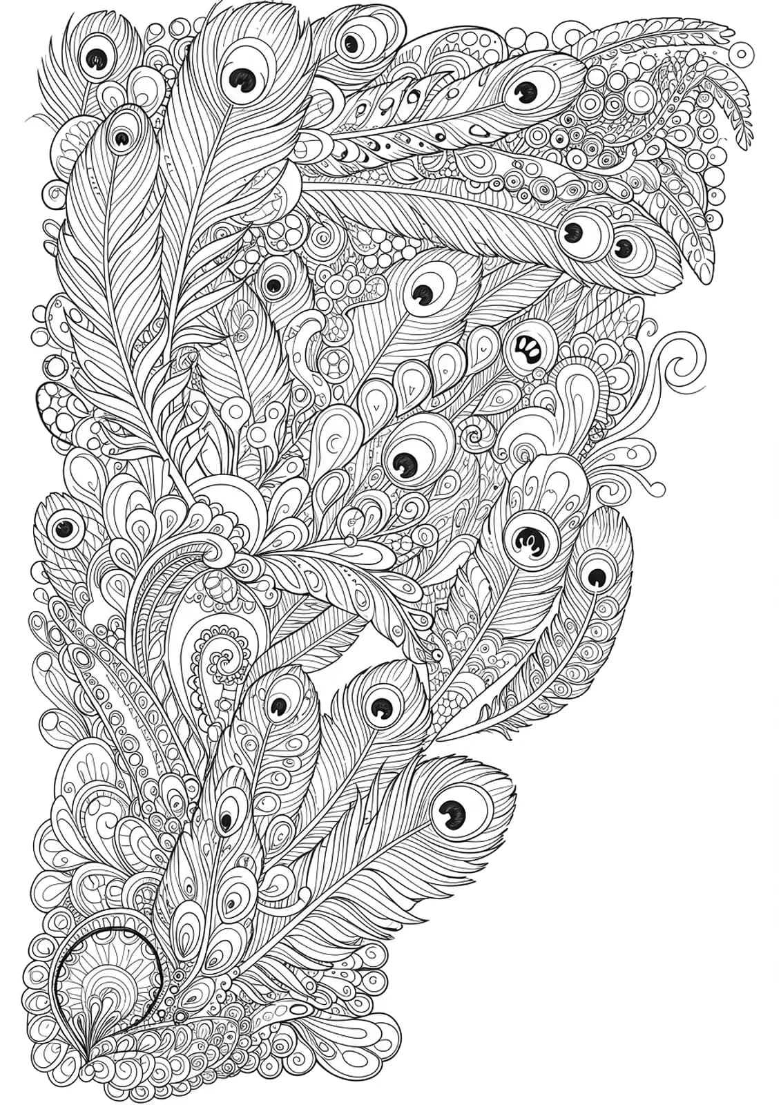 Letter F decorated with complex patterns of exotic feathers.