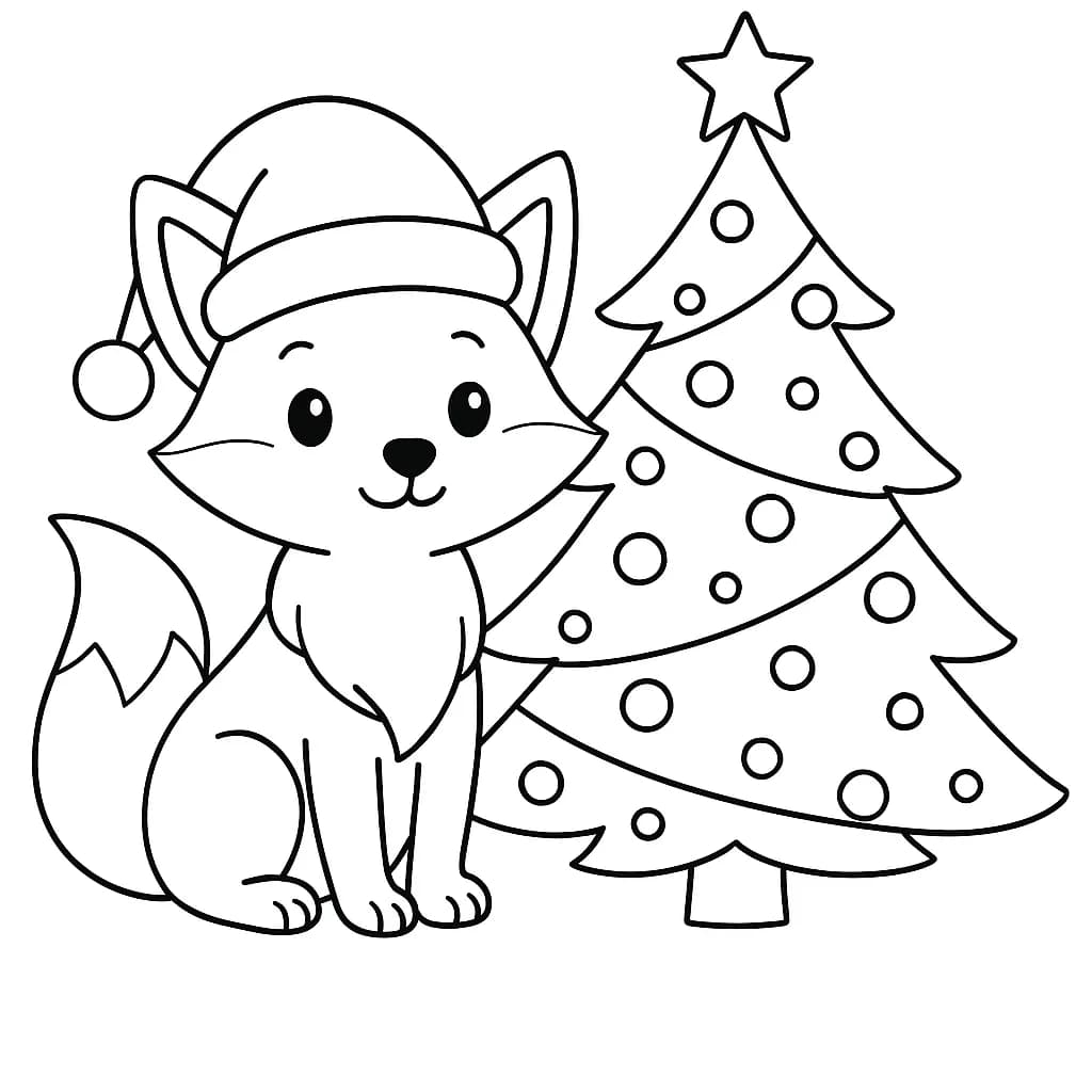 Easy Christmas coloring page with a fox in a Santa hat beside a Christmas tree.