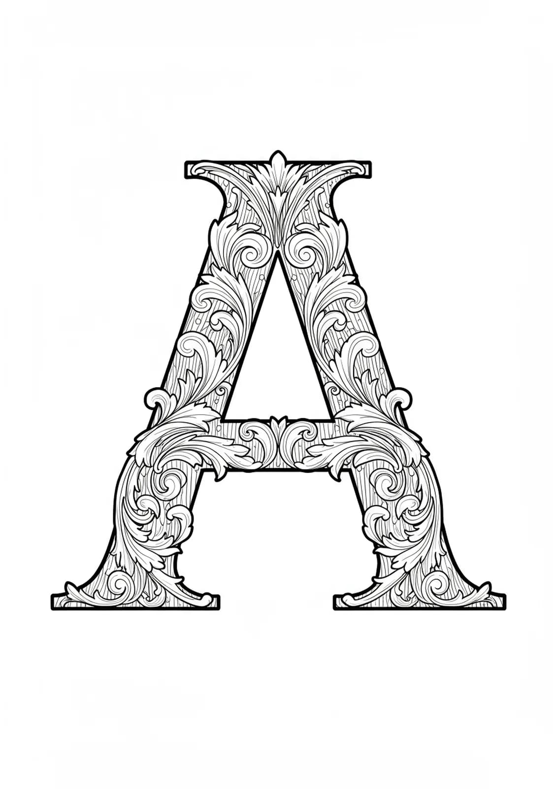 Highly detailed letter A with Art Nouveau floral and vine motifs, intricate adult coloring page.