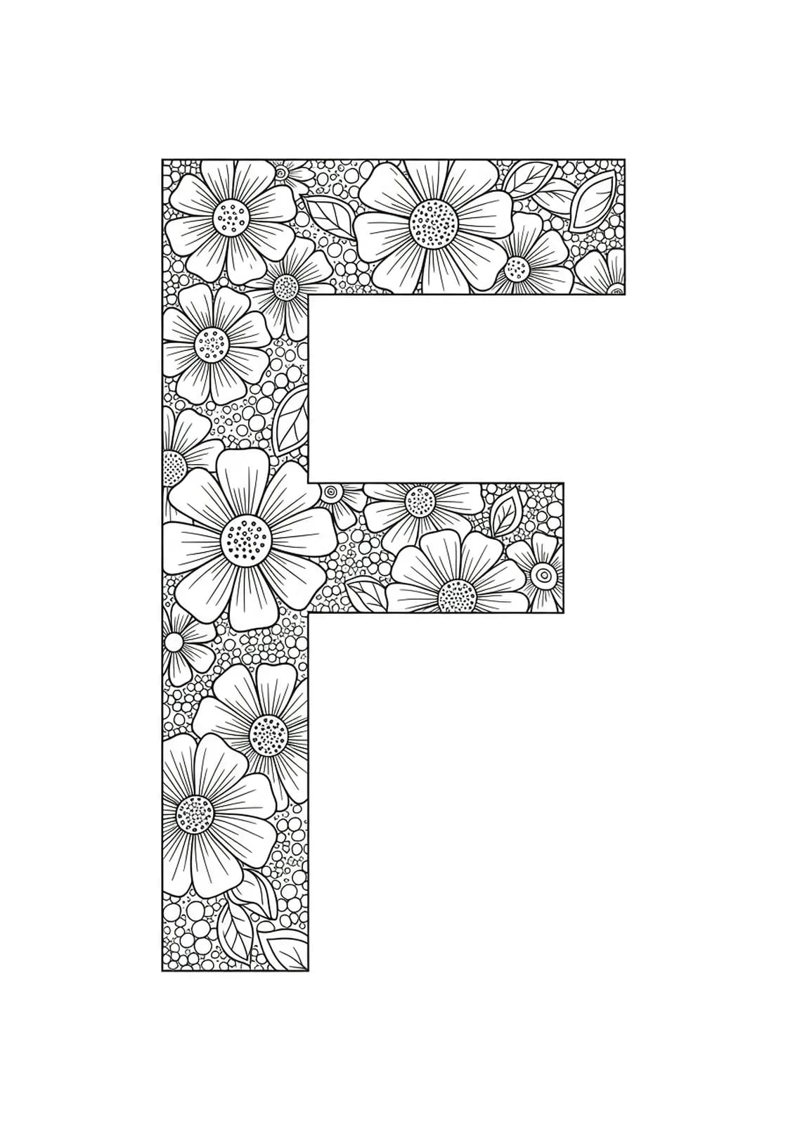 Simple floral letter F coloring page for adults with easy, large flower outlines.