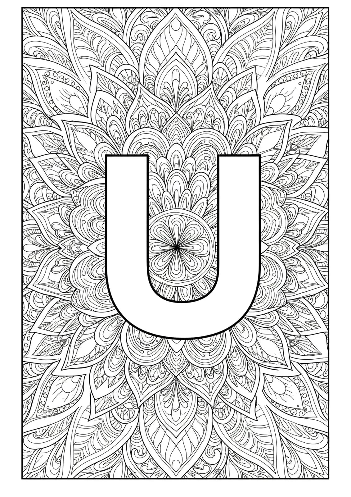 Large letter U decorated with simple floral mandala patterns, easy to color.