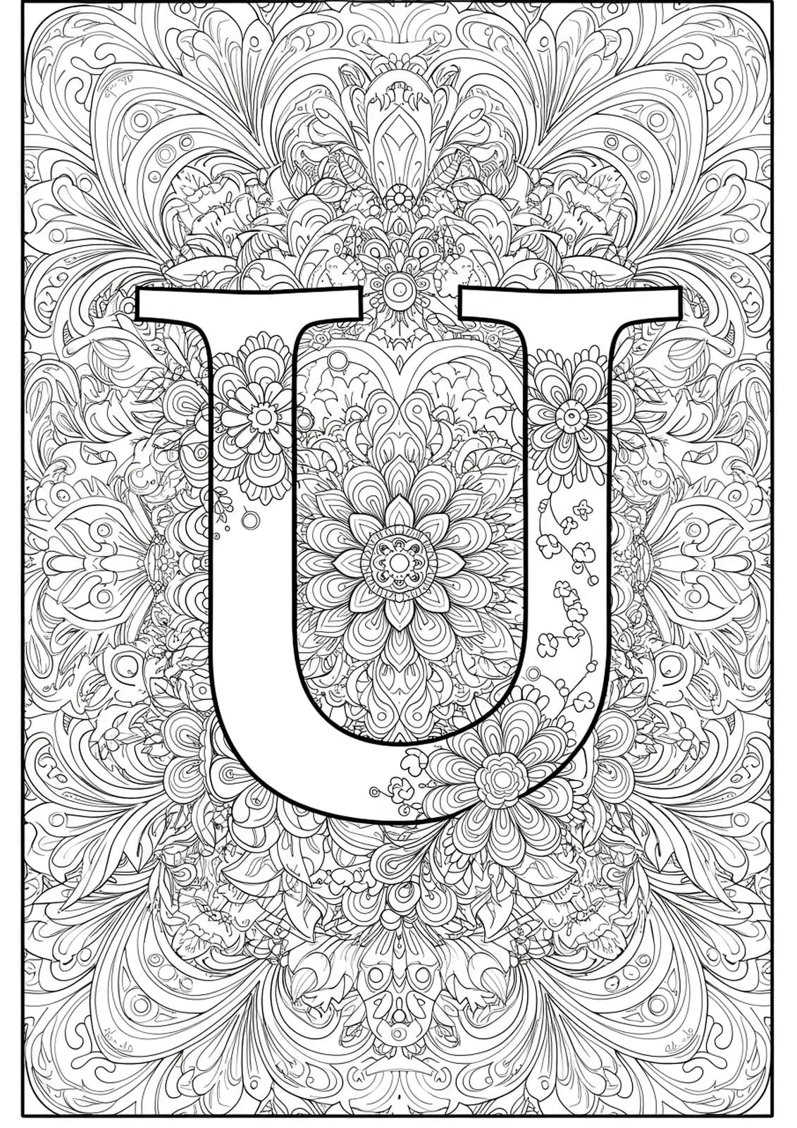 Intricate floral mandala surrounding and filling the letter U, ornate flowers and geometric patterns for challenging teen coloring.