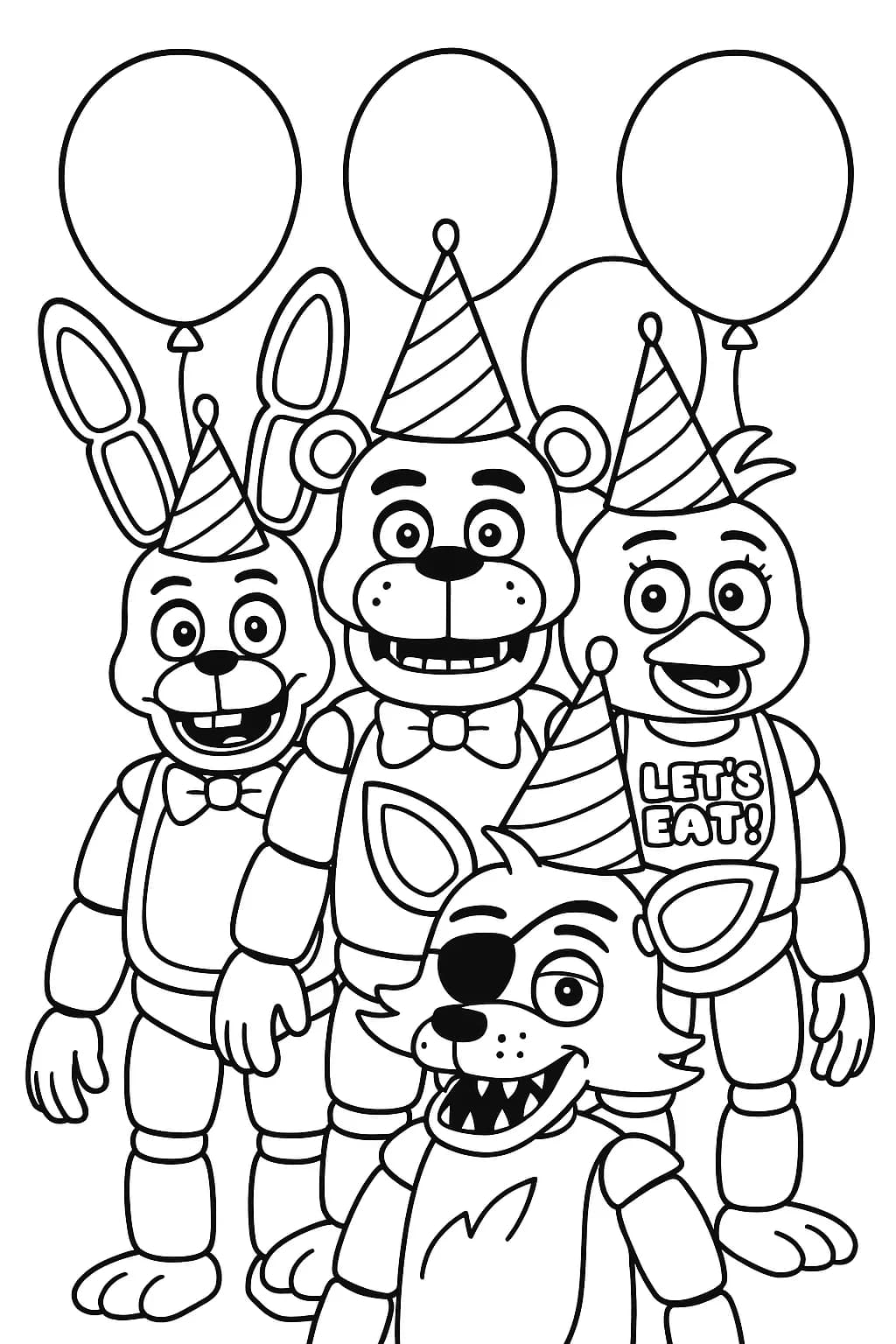 FNAF characters with party hats surrounded by big balloons, easy outlines for preschool coloring