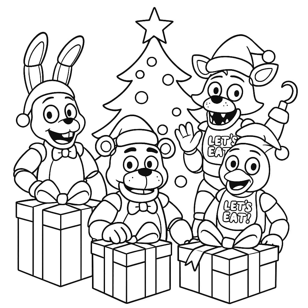 Simple FNAF characters in Santa hats with Christmas tree and gifts, easy lines for preschoolers