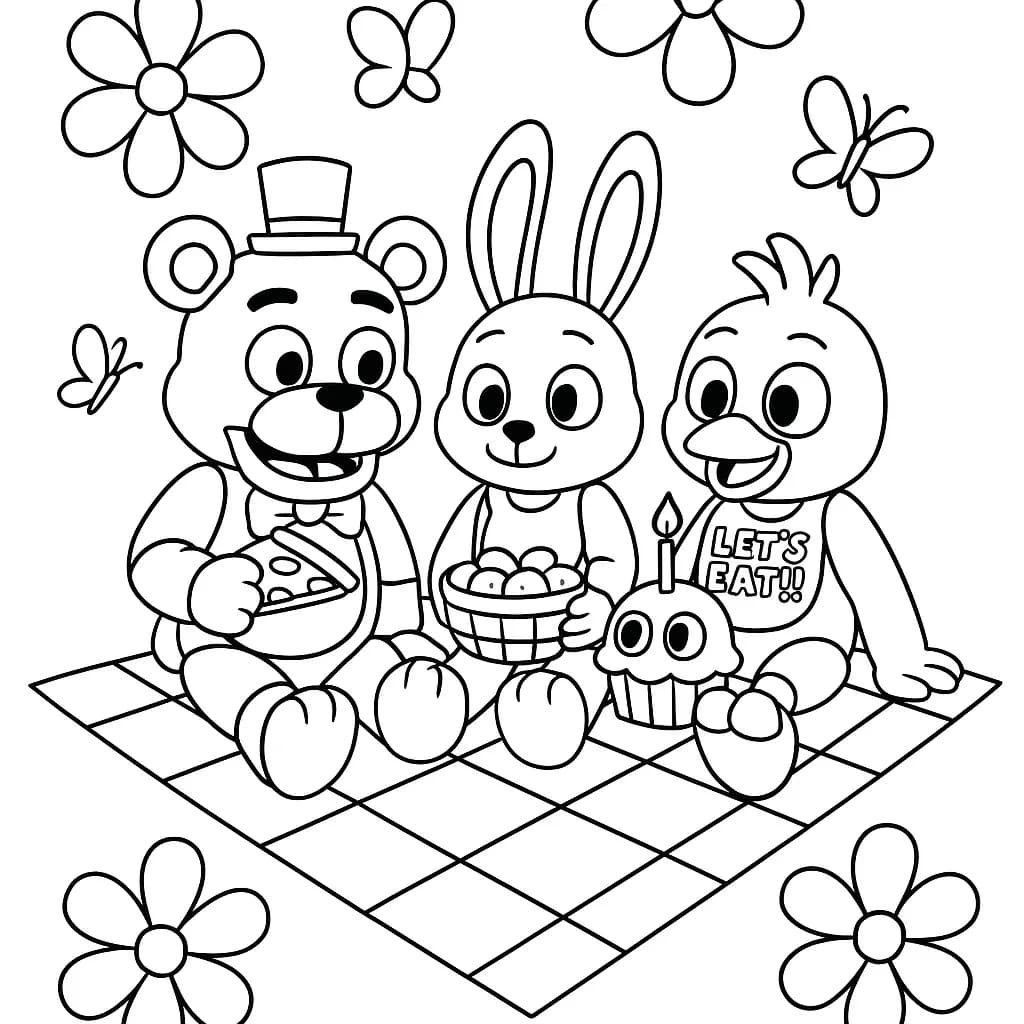 Easy FNAF characters sitting on a picnic blanket with flowers and butterflies, preschool level