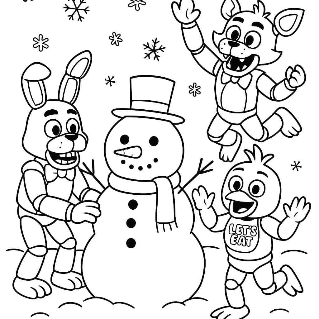 FNAF characters building a snowman with snowflakes falling around them.