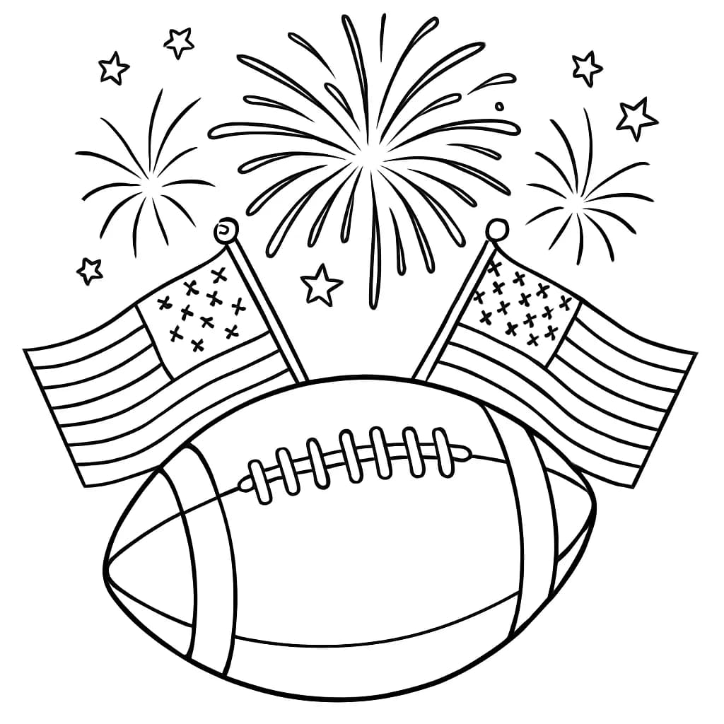 A football game with fireworks and American flags, designed with simple lines for easy coloring.