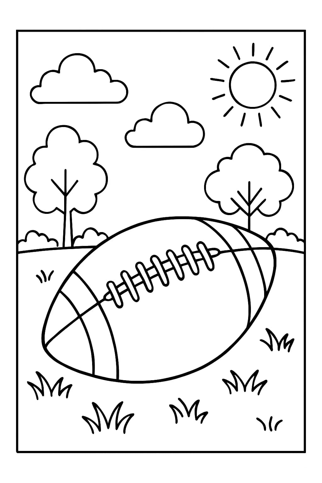 Easy coloring page of a football on grass in a park with simple lines.