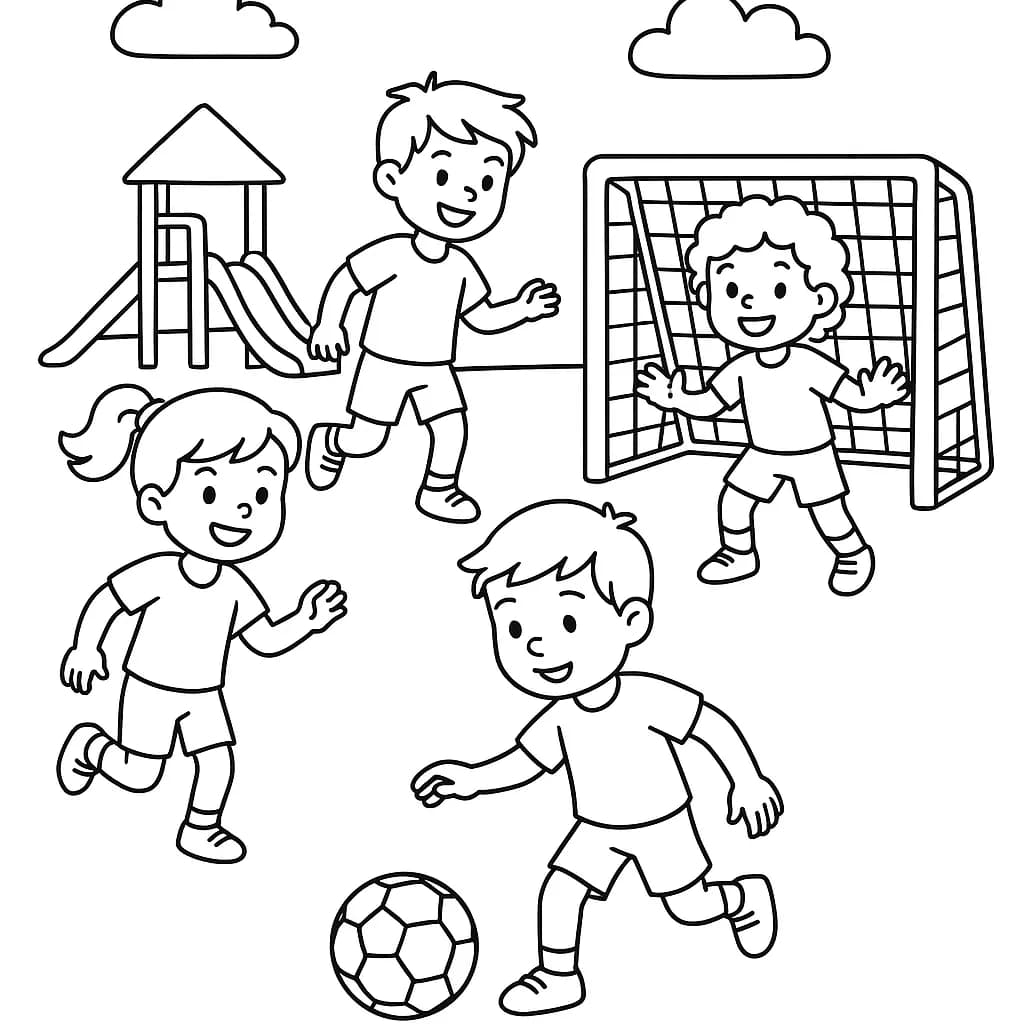 Children playing football on a playground, with simple outlines and large shapes, easy for kids to color.
