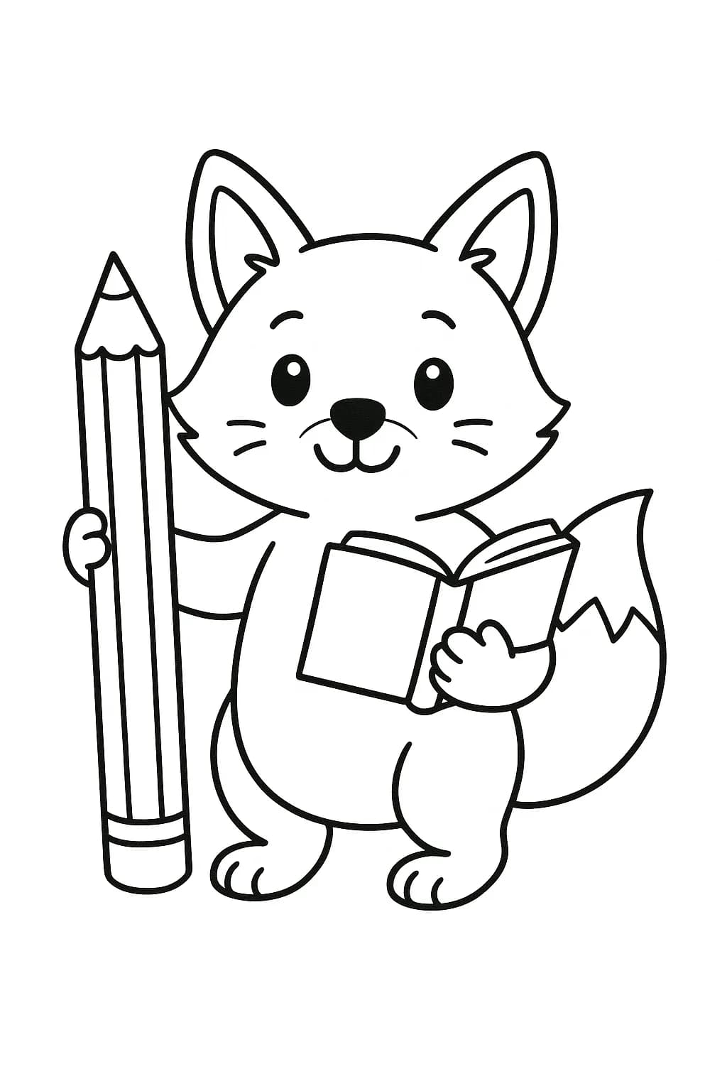 Simple drawing of a fox with a pencil and book, designed for preschool coloring.