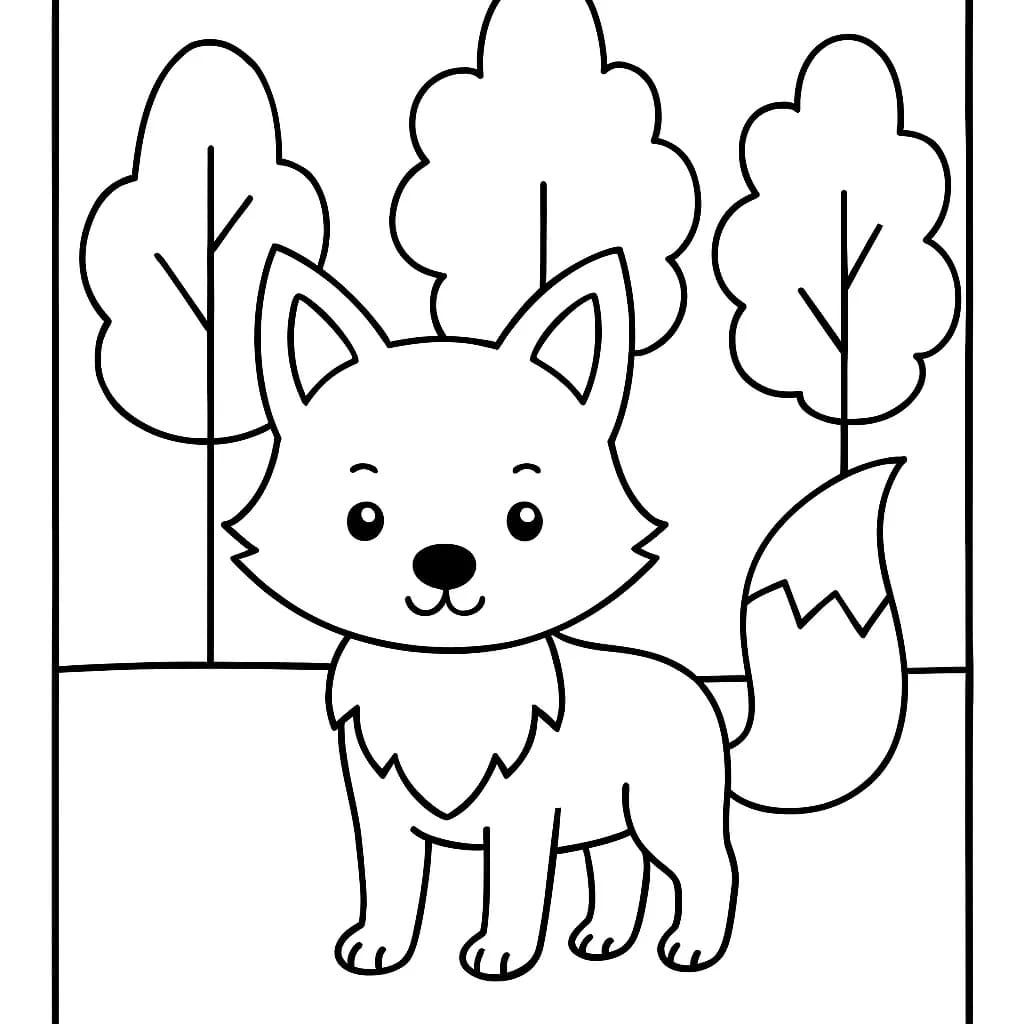Simple line drawing of a fox standing in a forest with trees, for preschool coloring.