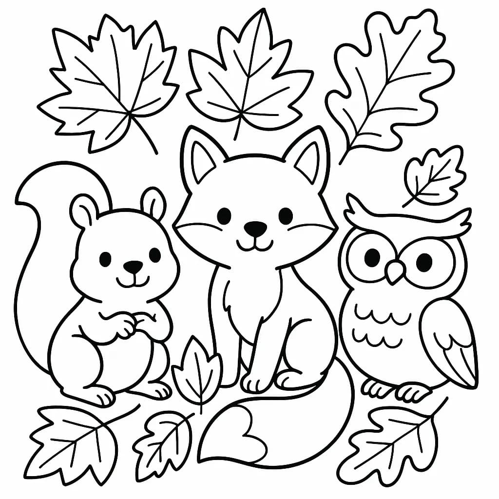 Cute woodland animals with large leaves for a simple fall coloring page.