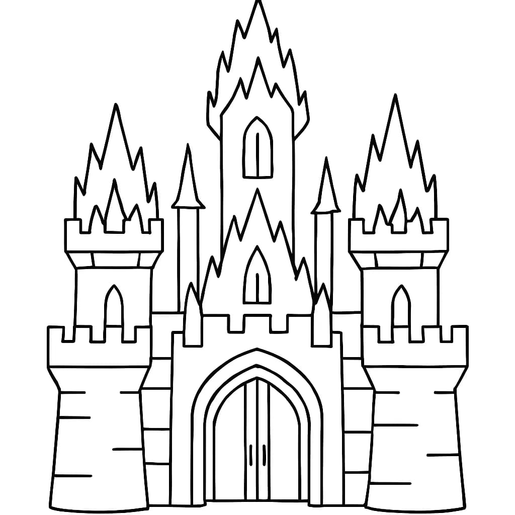 Simple ice castle with large walls and towers, easy for preschoolers to color.