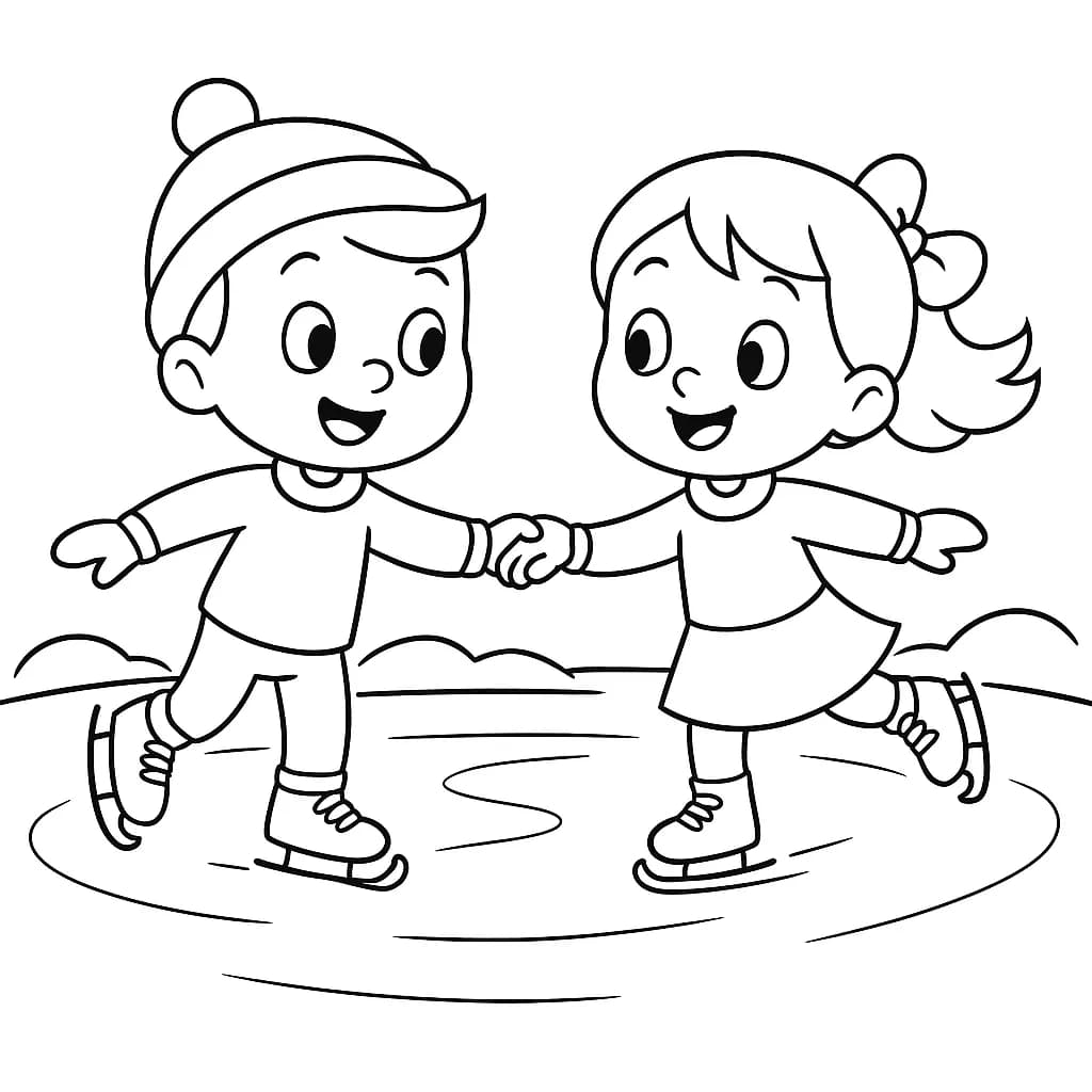 Two cartoon characters ice skating on a frozen pond, simple shapes for easy coloring.