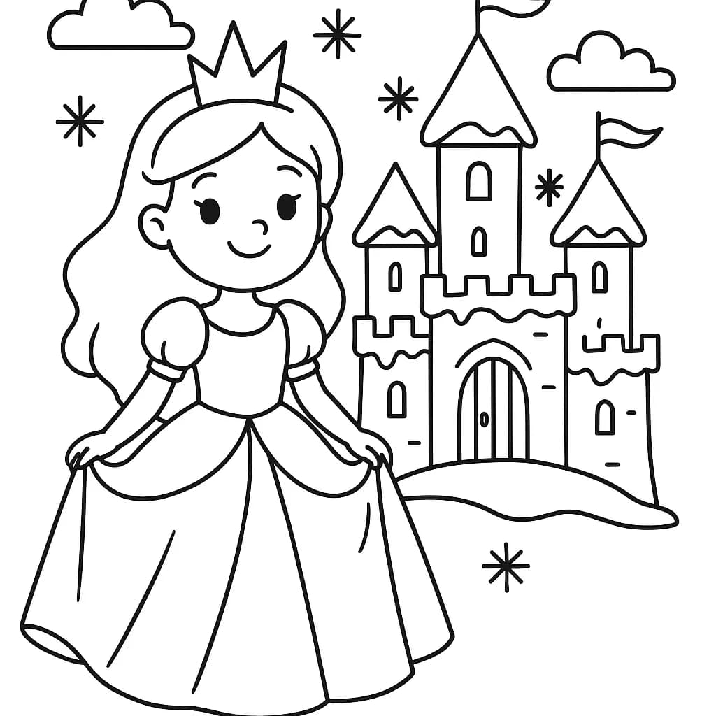 Frozen princess standing near a snow-covered castle, simple line drawing