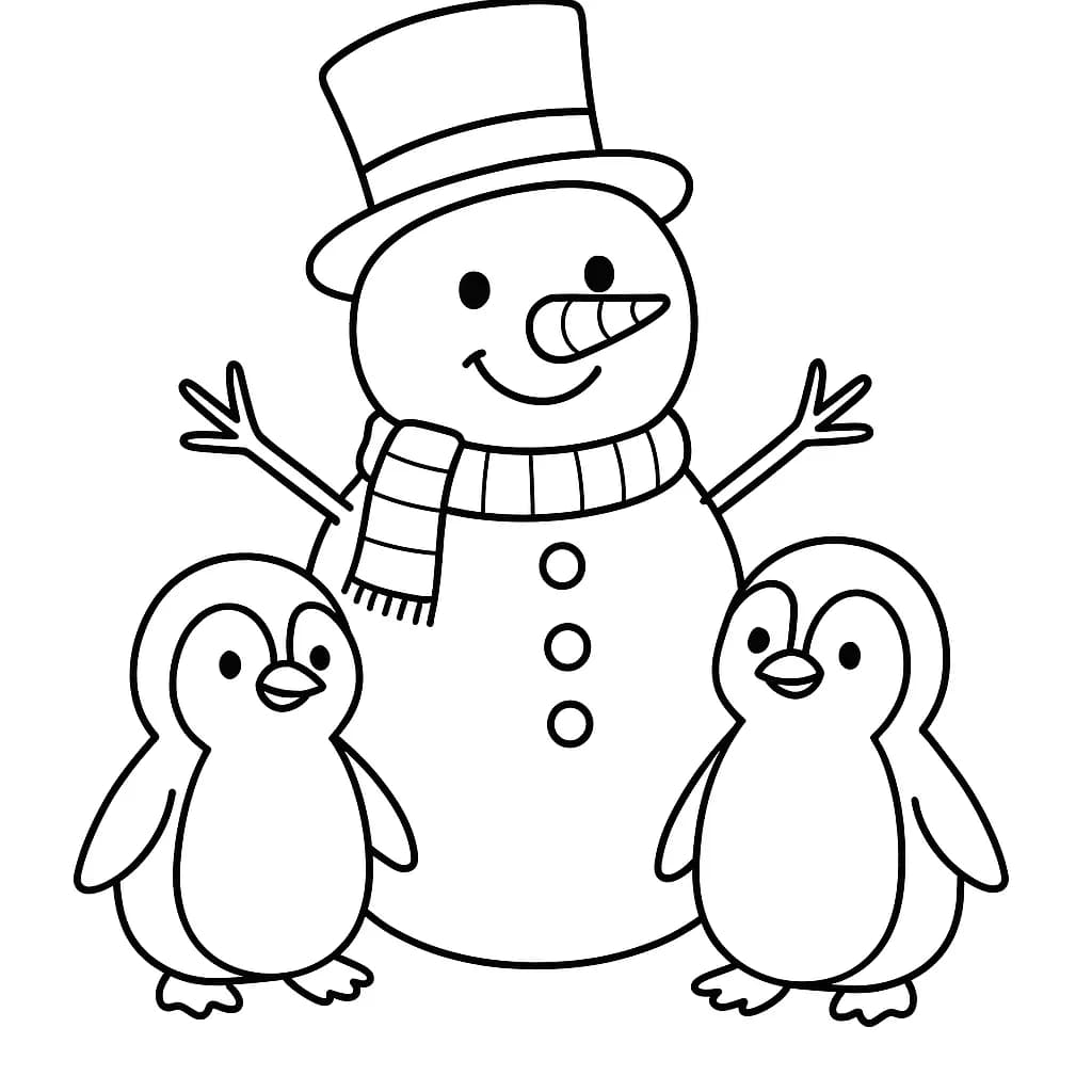 Easy winter coloring page with a snowman and two penguins, large areas to color for preschoolers.