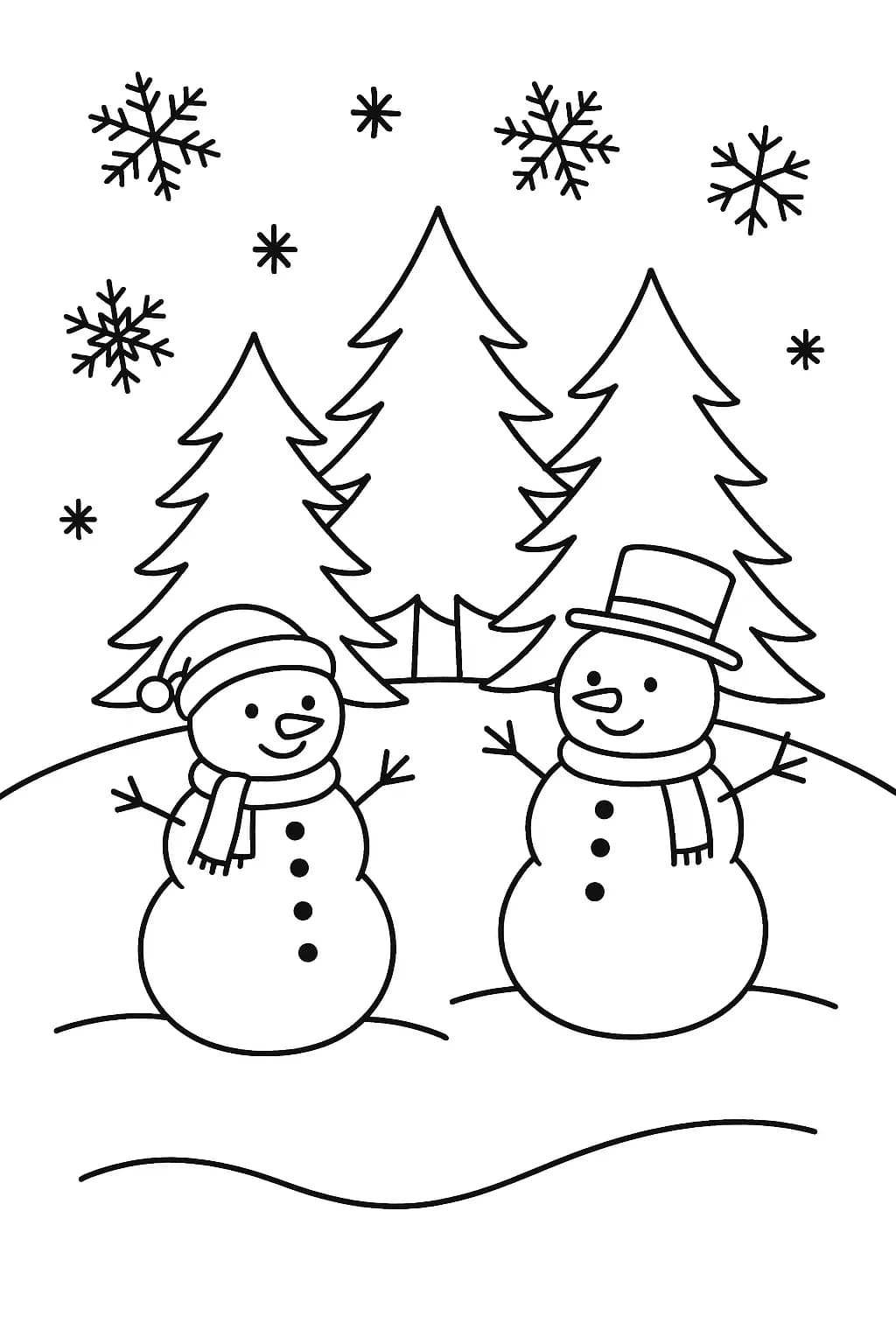 Frozen winter wonderland scene with snowmen, trees, and snowflakes in simple line art