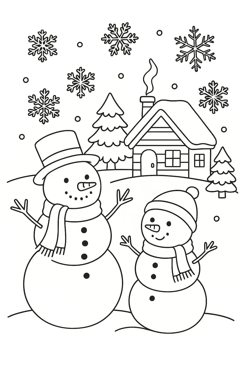 A winter scene with snowmen, snowflakes, and a small cabin, designed with simple outlines for easy coloring.