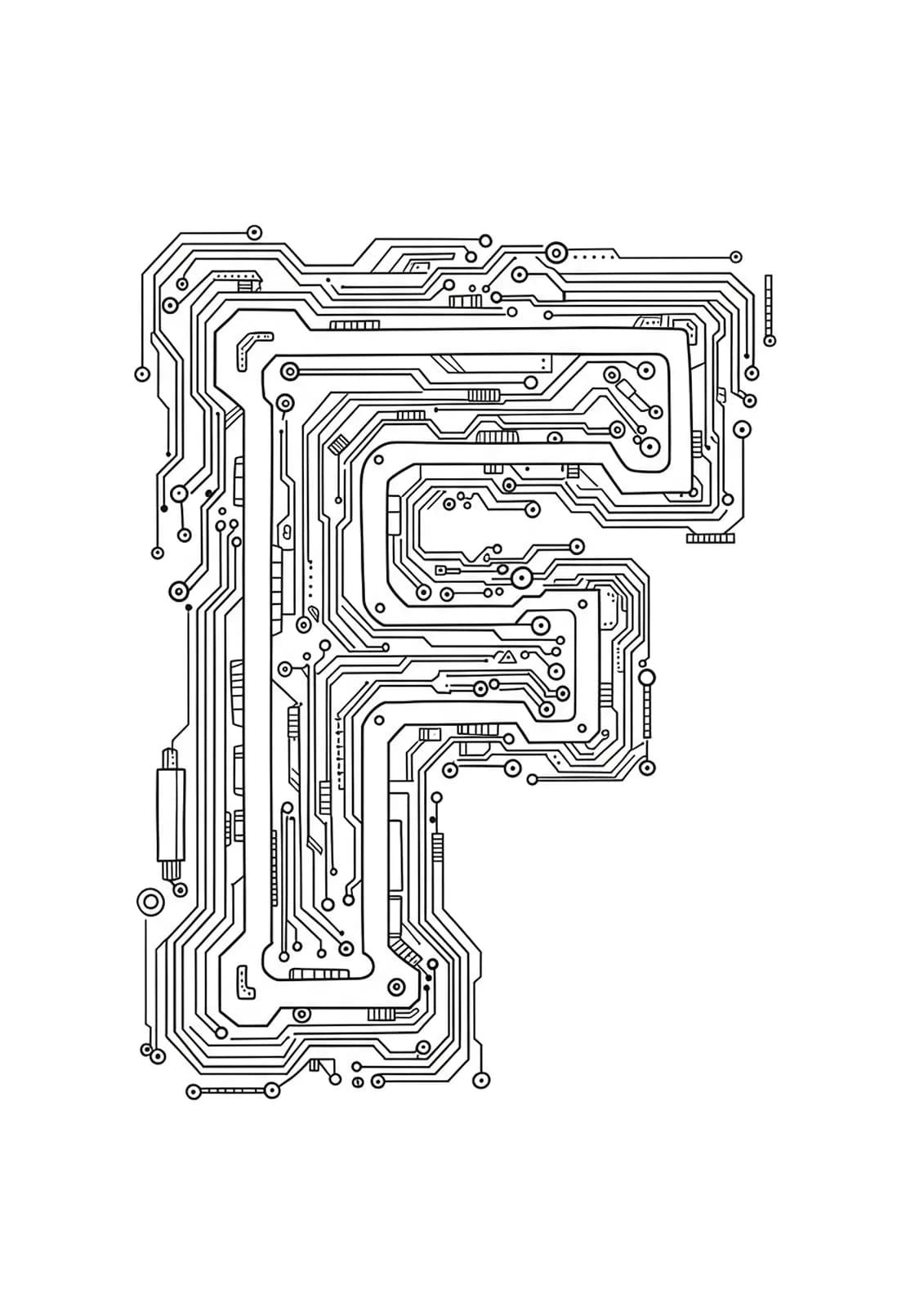 Letter F integrated with complex circuitry and electronic patterns.