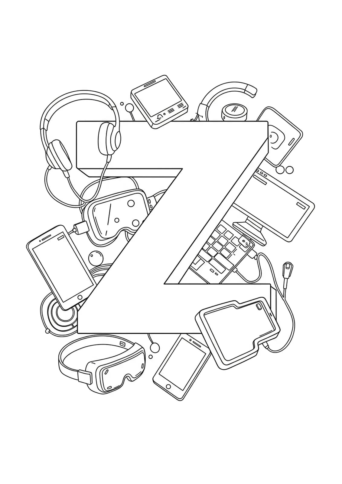 Outline of the letter Z with simple futuristic gadgets like headphones, VR headset and smart devices around it