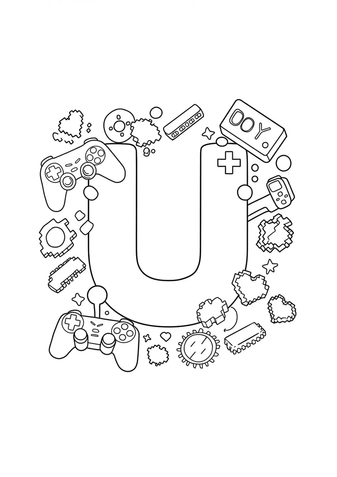 Letter U with joystick, pixel hearts, and power-ups for easy teen coloring.