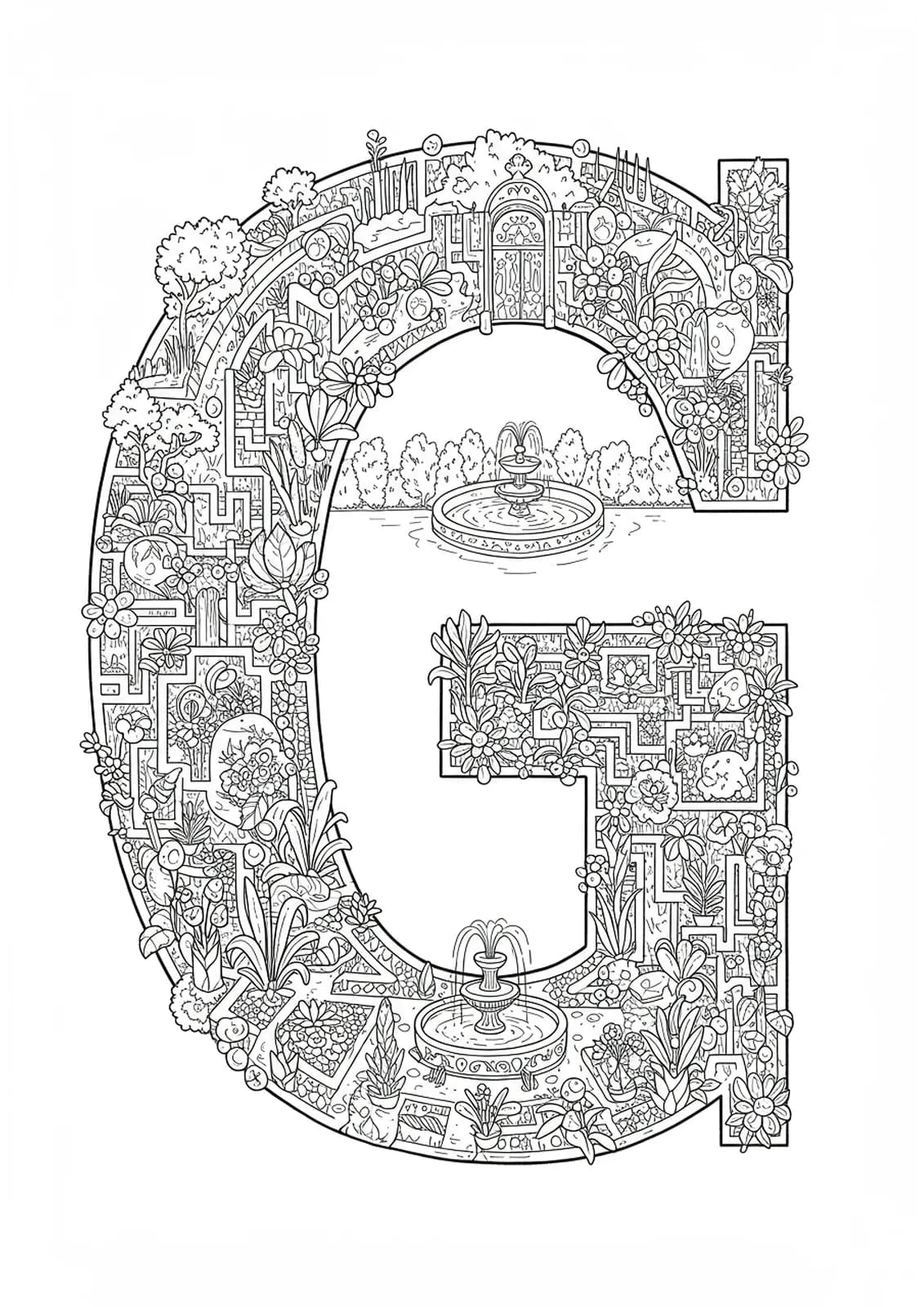Highly detailed letter G forming part of an intricate garden labyrinth with hedge mazes and floral designs.